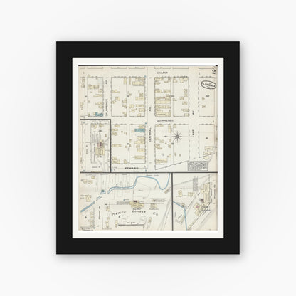 Old map wall art mockup — black gallery frame with white mat — Sanborn Fire Insurance Map from Florence, Florence County, Wisconsin (1884), Sheet #0002