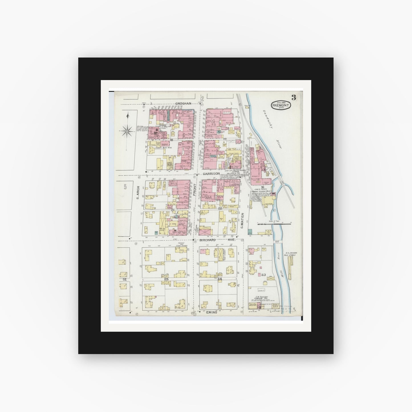 Old map wall art mockup — black gallery frame with white mat — Sanborn Fire Insurance Map from Fremont, Sandusky County, Ohio (1893), Sheet #0003