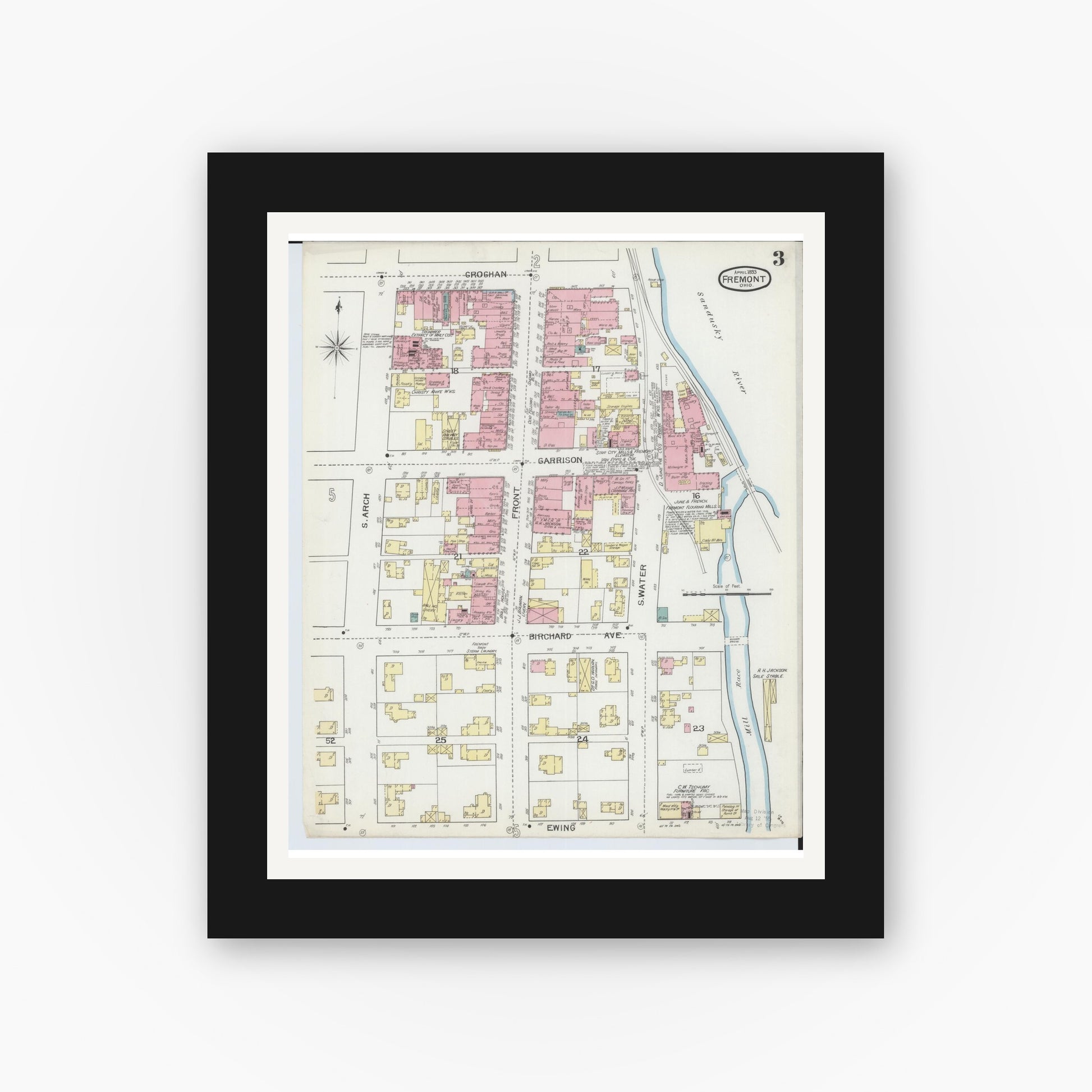 Old map wall art mockup — black gallery frame with white mat — Sanborn Fire Insurance Map from Fremont, Sandusky County, Ohio (1893), Sheet #0003