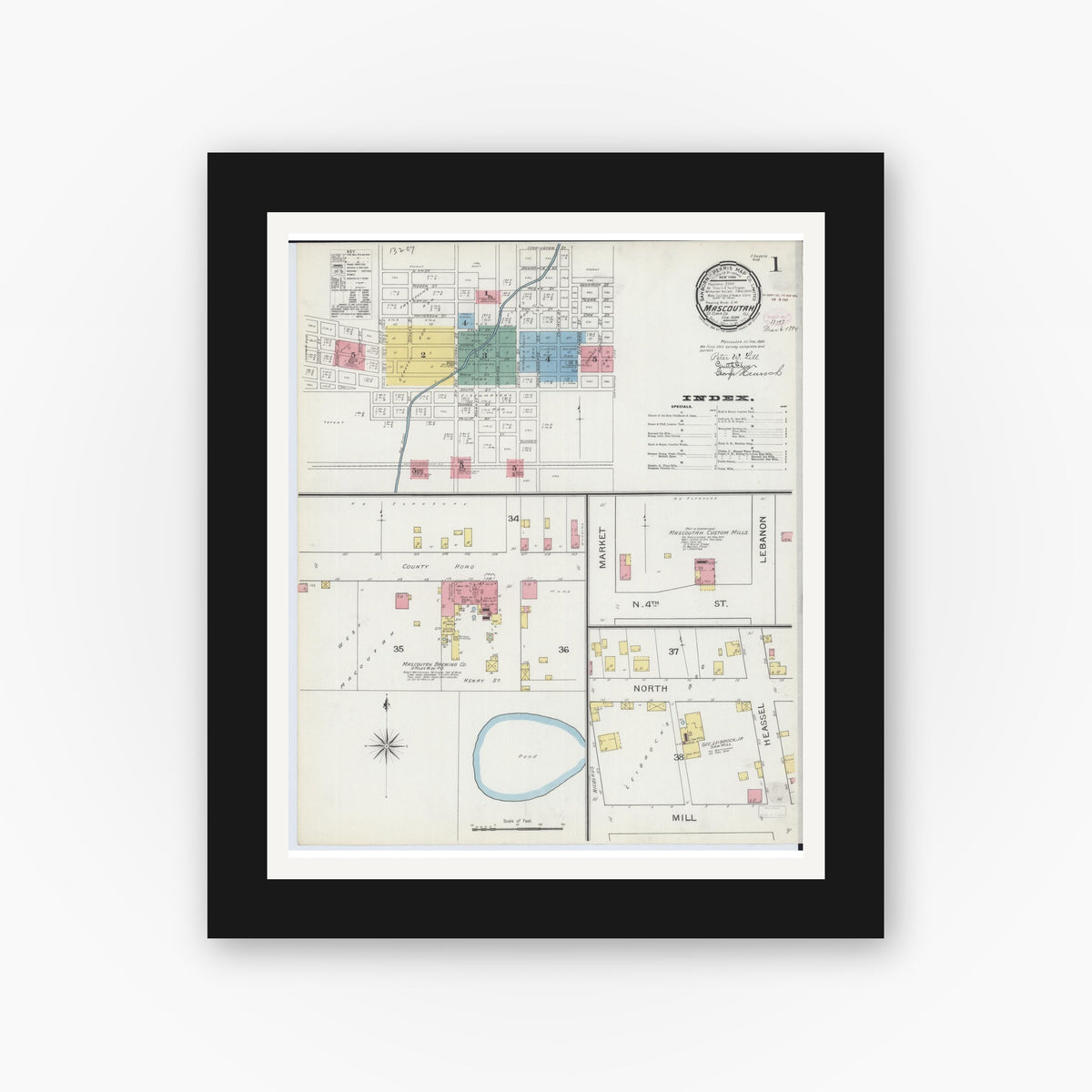 Old map wall art mockup — black gallery frame with white mat — Sanborn Fire Insurance Map from Mascoutah, Saint Clair County, Illinois (1894), Sheet #0001
