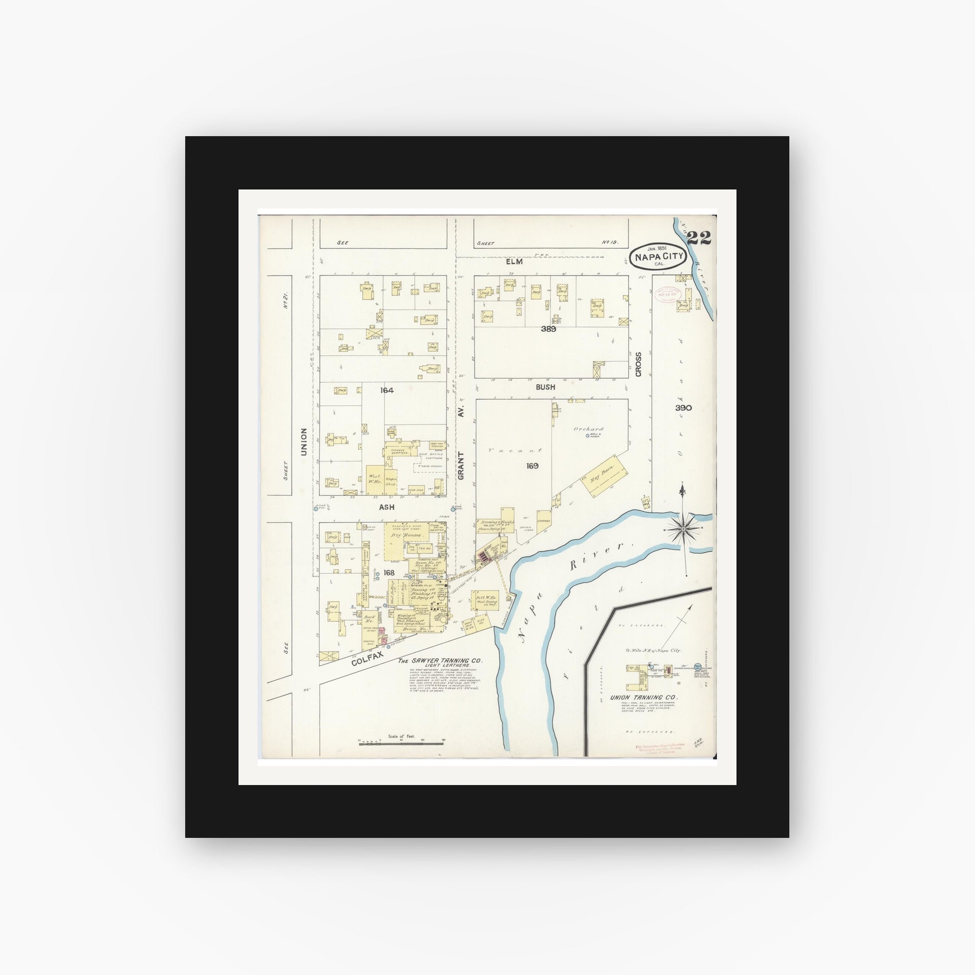 Old map wall art mockup — black gallery frame with white mat — Sanborn Fire Insurance Map from Napa, Napa County, California (1891), Sheet #0022