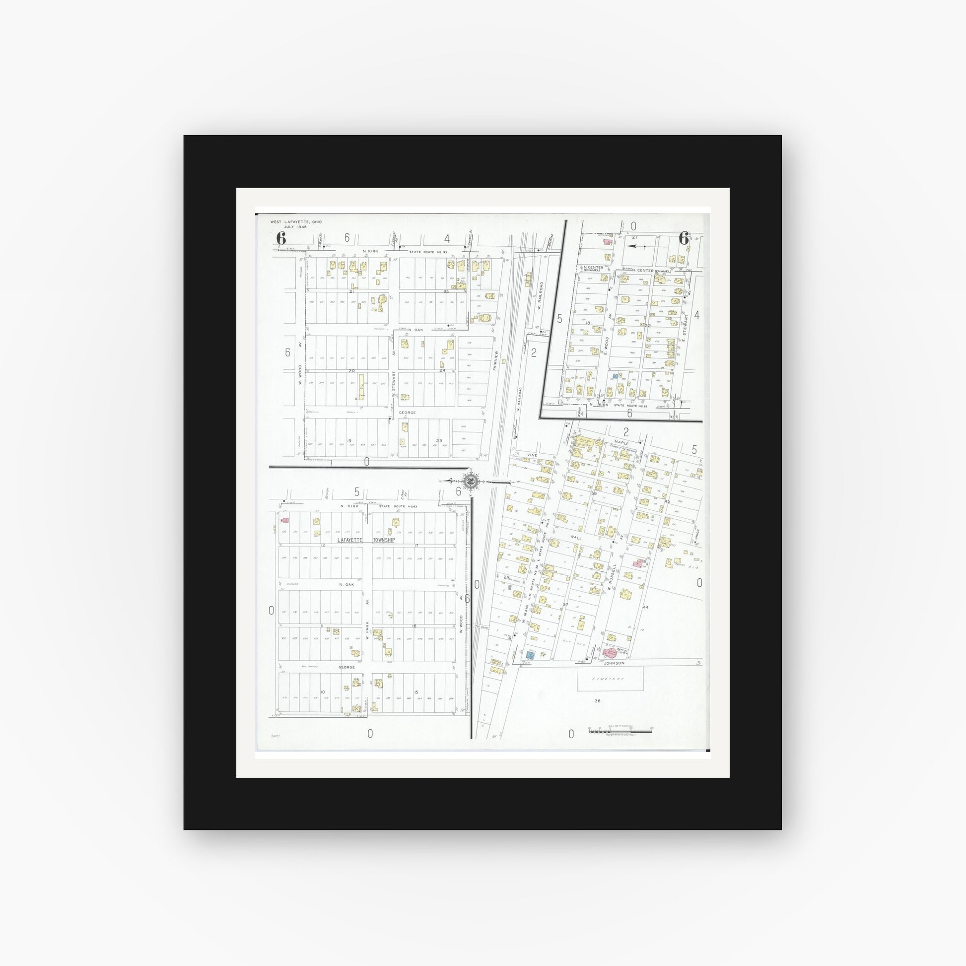 Old map wall art mockup — black gallery frame with white mat — Sanborn Fire Insurance Map from West Lafayette, Coshocton County, Ohio (1946), Sheet #0006