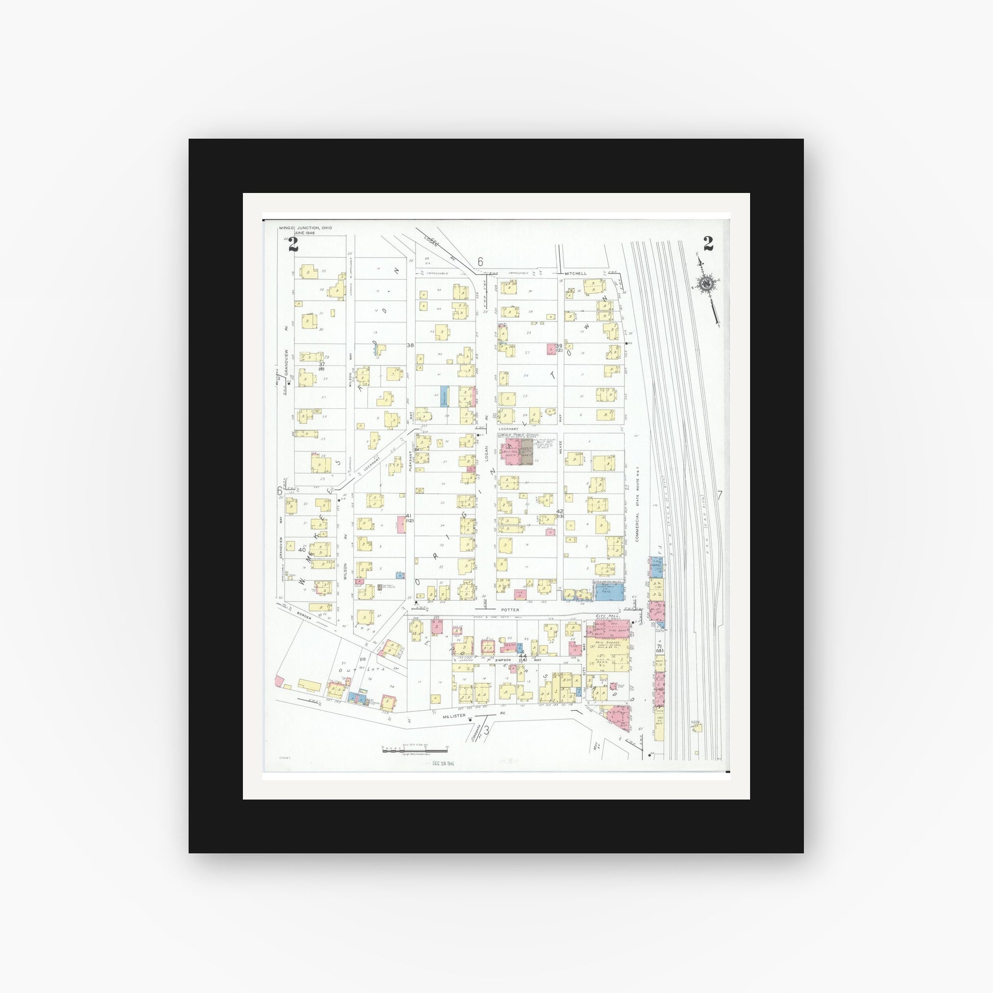 Old map wall art mockup — black gallery frame with white mat — Sanborn Fire Insurance Map from Mingo Junction, Jefferson County, Ohio (1946), Sheet #0002