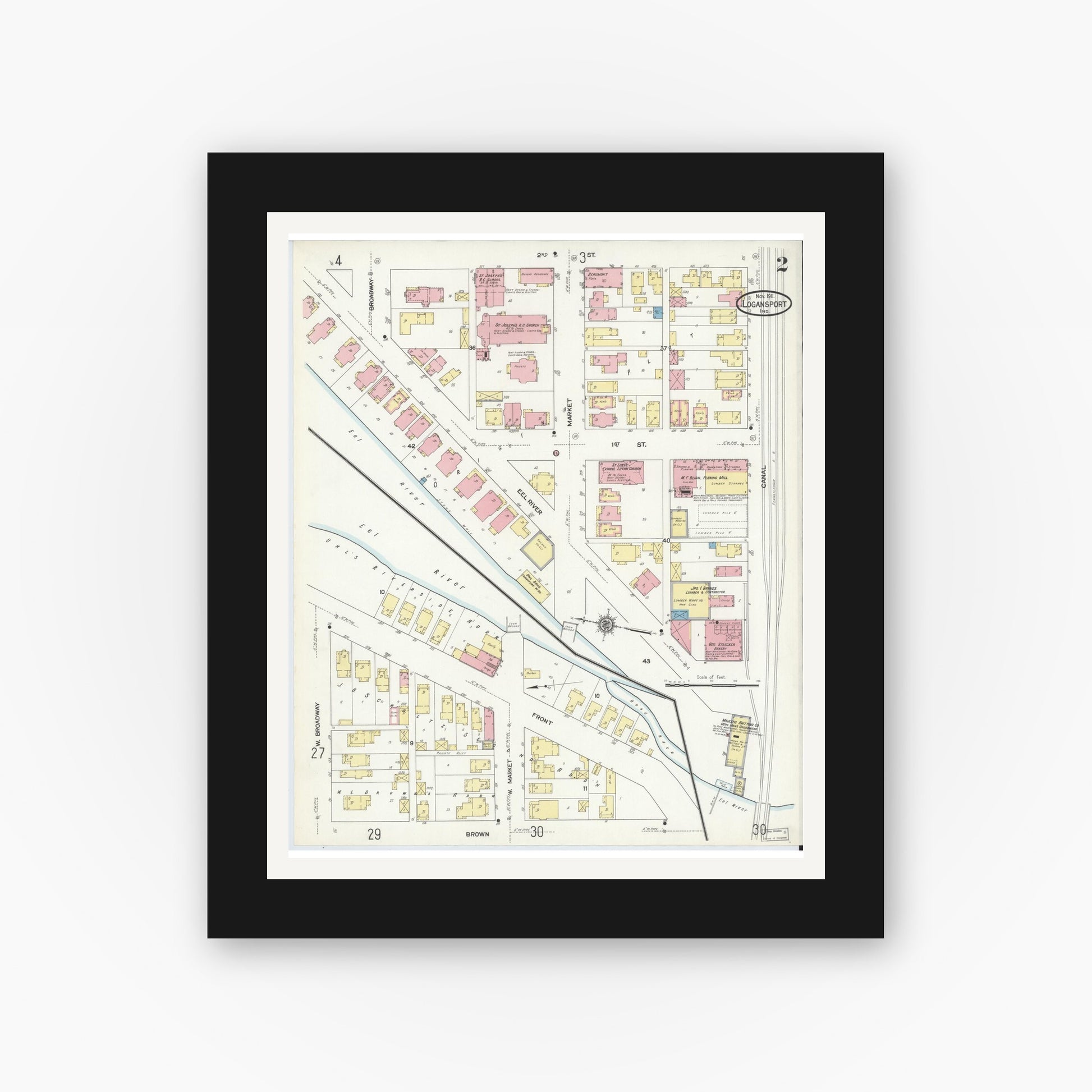 Old map wall art mockup — black gallery frame with white mat — Sanborn Fire Insurance Map from Logansport, Cass County, Indiana (1911), Sheet #0002