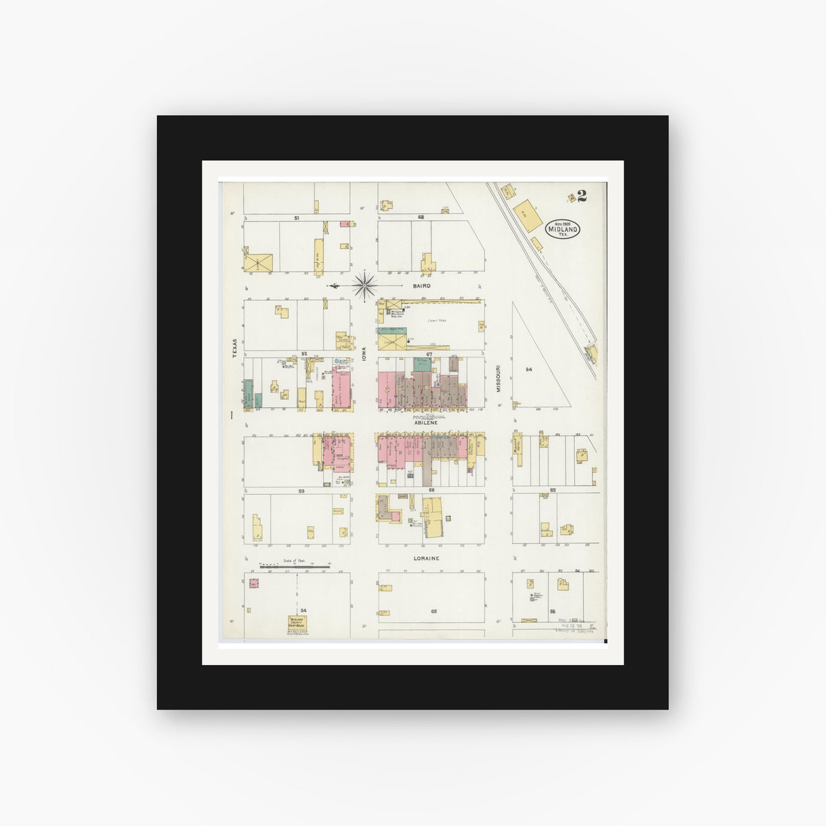 Old map wall art mockup — black gallery frame with white mat — Sanborn Fire Insurance Map from Midland, Midland County, Texas (1905), Sheet #0002