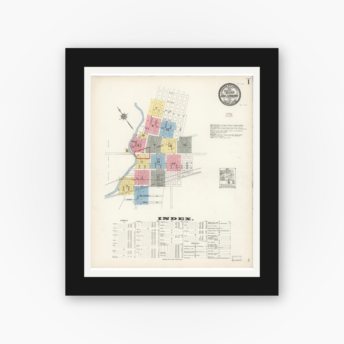 Old map wall art mockup — black gallery frame with white mat — Sanborn Fire Insurance Map from San Leandro, Alameda County, California (1911) - Complete Map Set