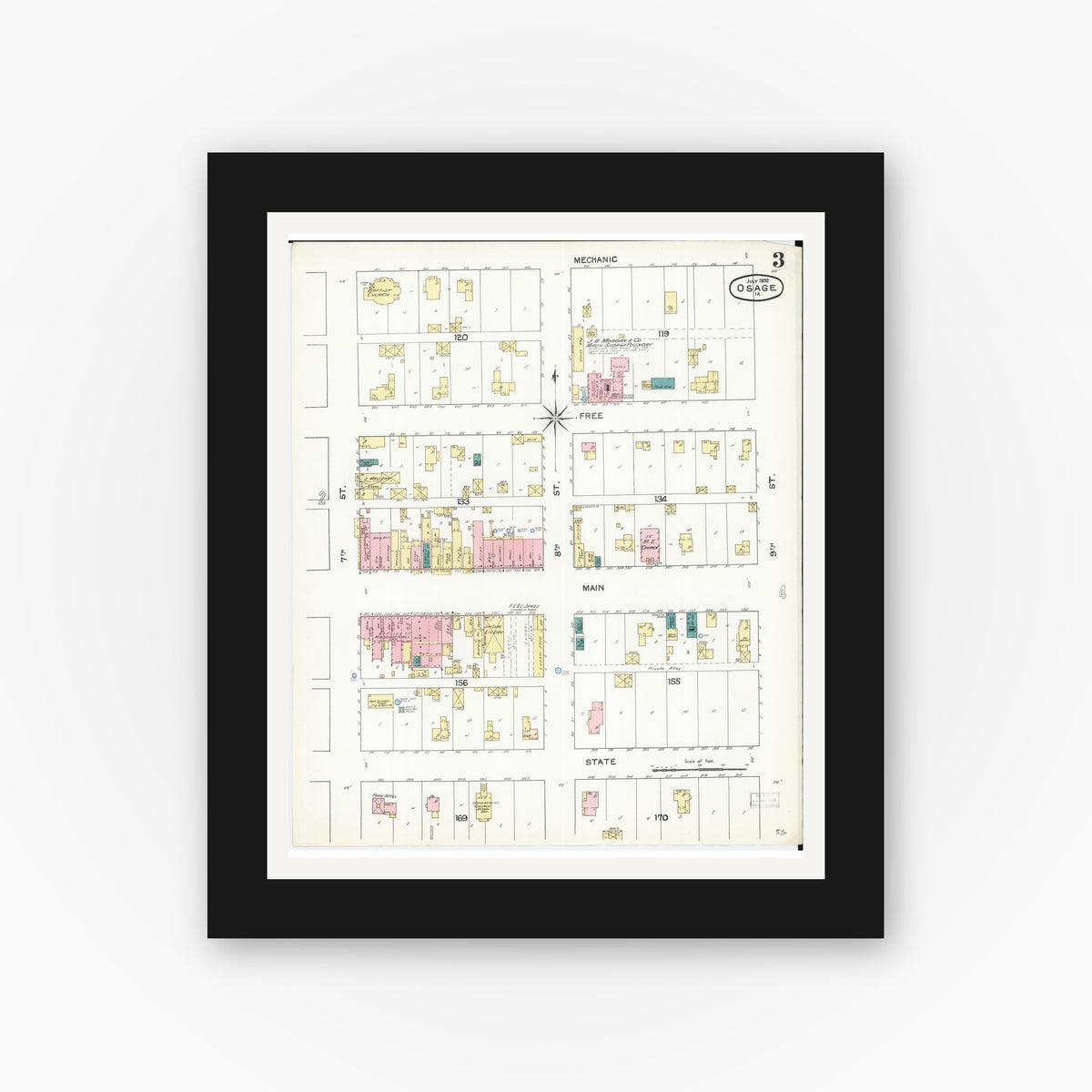 Old map wall art mockup — black gallery frame with white mat — Sanborn Fire Insurance Map from Osage, Mitchell County, Iowa (1892), Sheet #0003