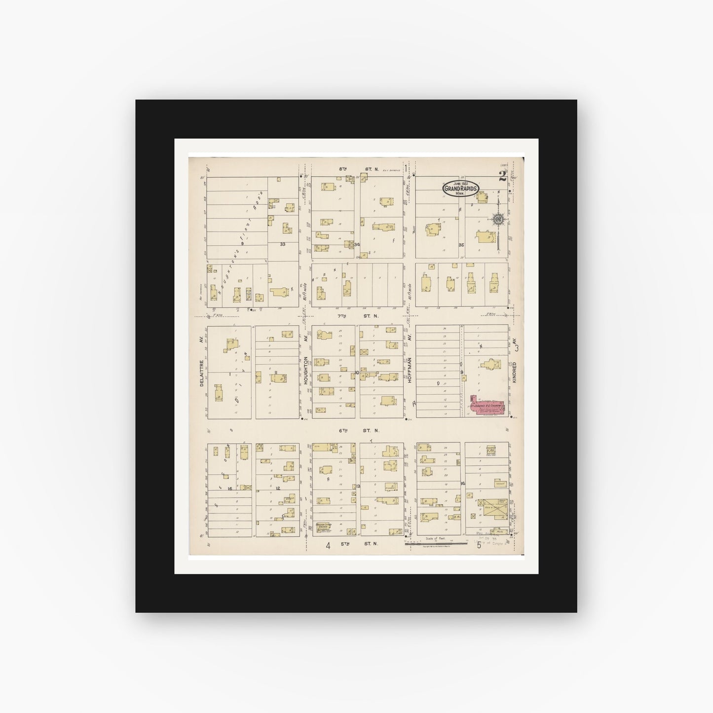 Old map wall art mockup — black gallery frame with white mat — Sanborn Fire Insurance Map from Grand Rapids, Itasca County, Minnesota (1922), Sheet #0002