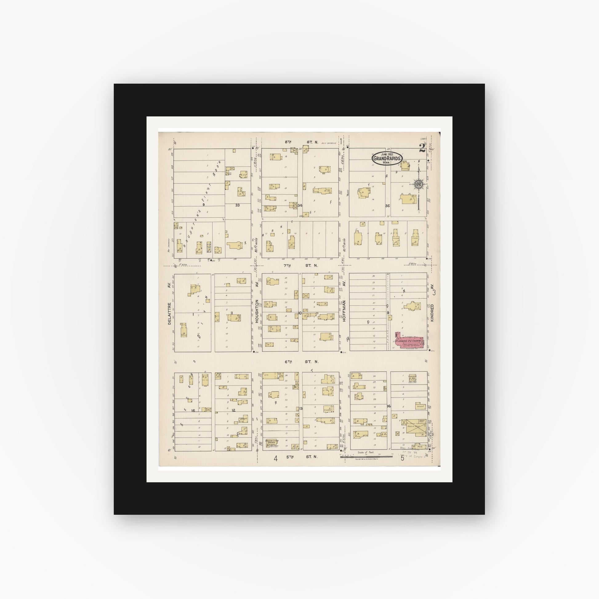 Old map wall art mockup — black gallery frame with white mat — Sanborn Fire Insurance Map from Grand Rapids, Itasca County, Minnesota (1922), Sheet #0002