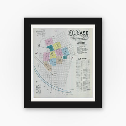 Old map wall art mockup — black gallery frame with white mat — Sanborn Fire Insurance Map from El Paso, El Paso County, Texas (1888), Sheet #0001