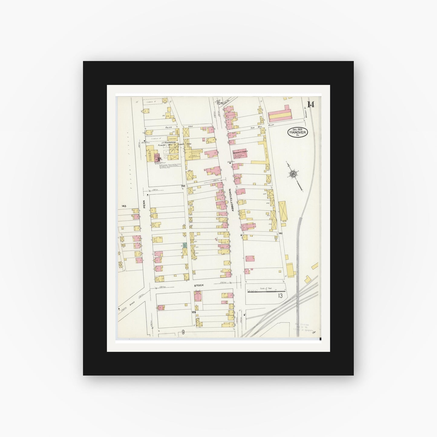 Old map wall art mockup — black gallery frame with white mat — Sanborn Fire Insurance Map from Hanover, York County, Pennsylvania (1909), Sheet #0014