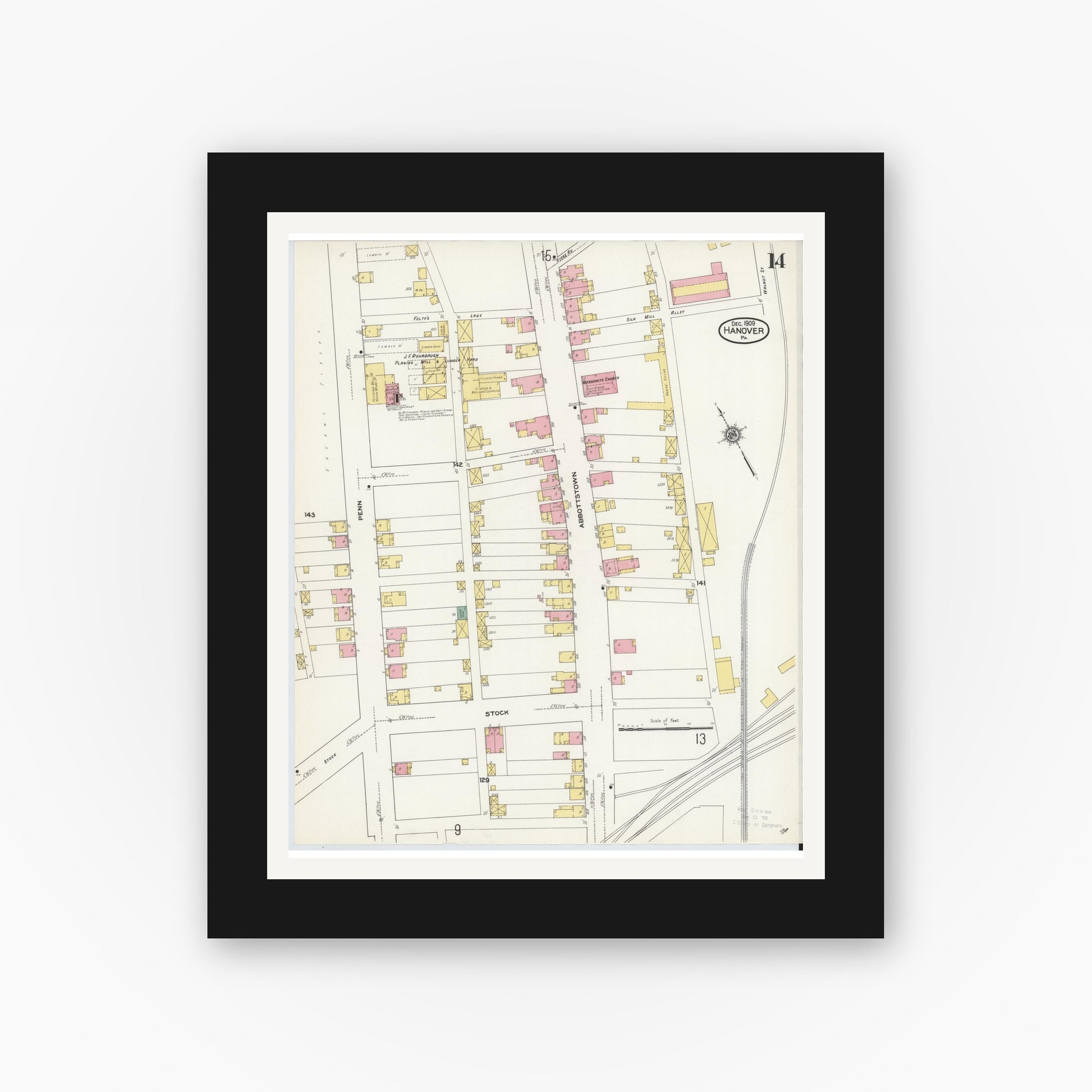 Old map wall art mockup — black gallery frame with white mat — Sanborn Fire Insurance Map from Hanover, York County, Pennsylvania (1909), Sheet #0014