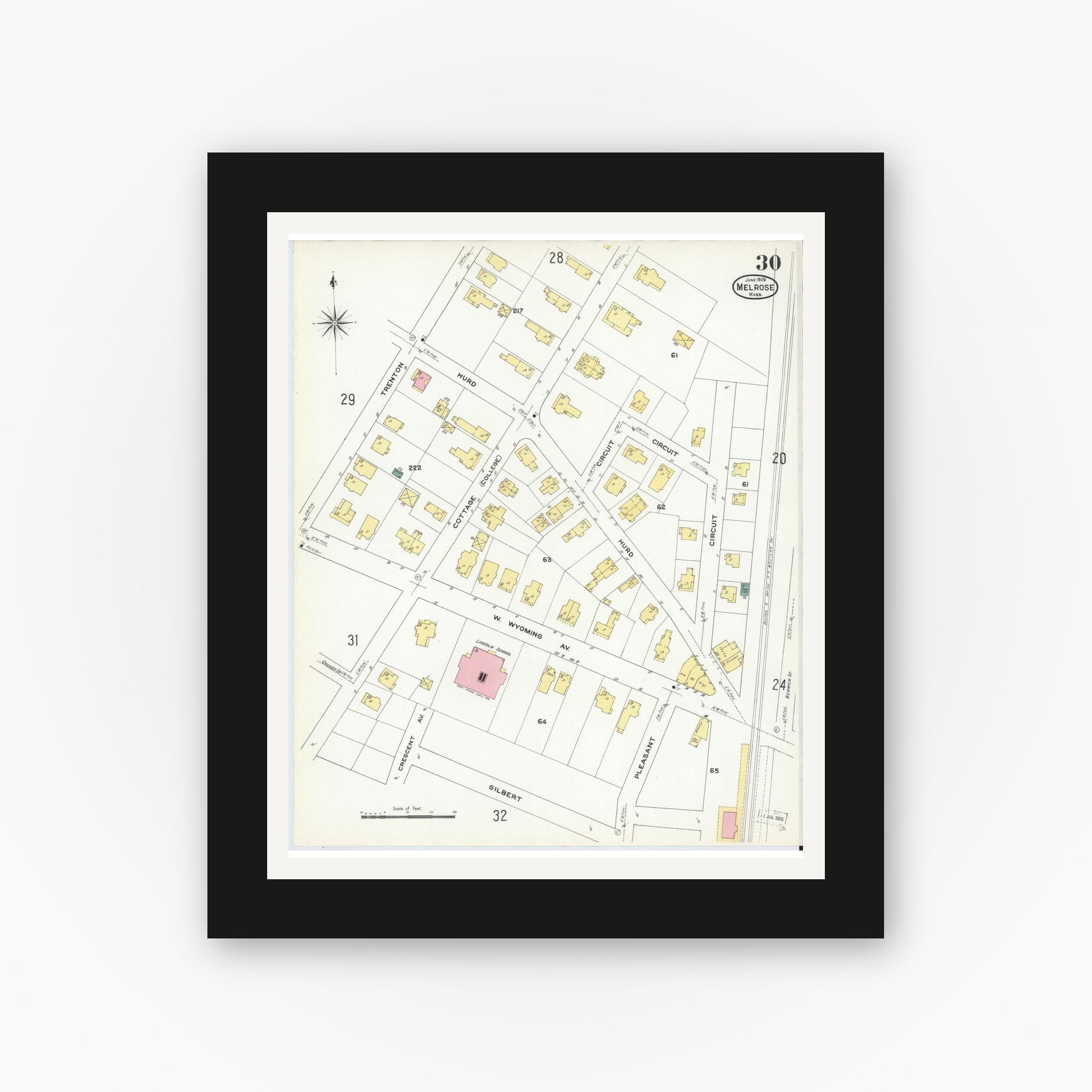 Old map wall art mockup — black gallery frame with white mat — Sanborn Fire Insurance Map from Melrose, Middlesex County, Massachusetts (1909), Sheet #0030