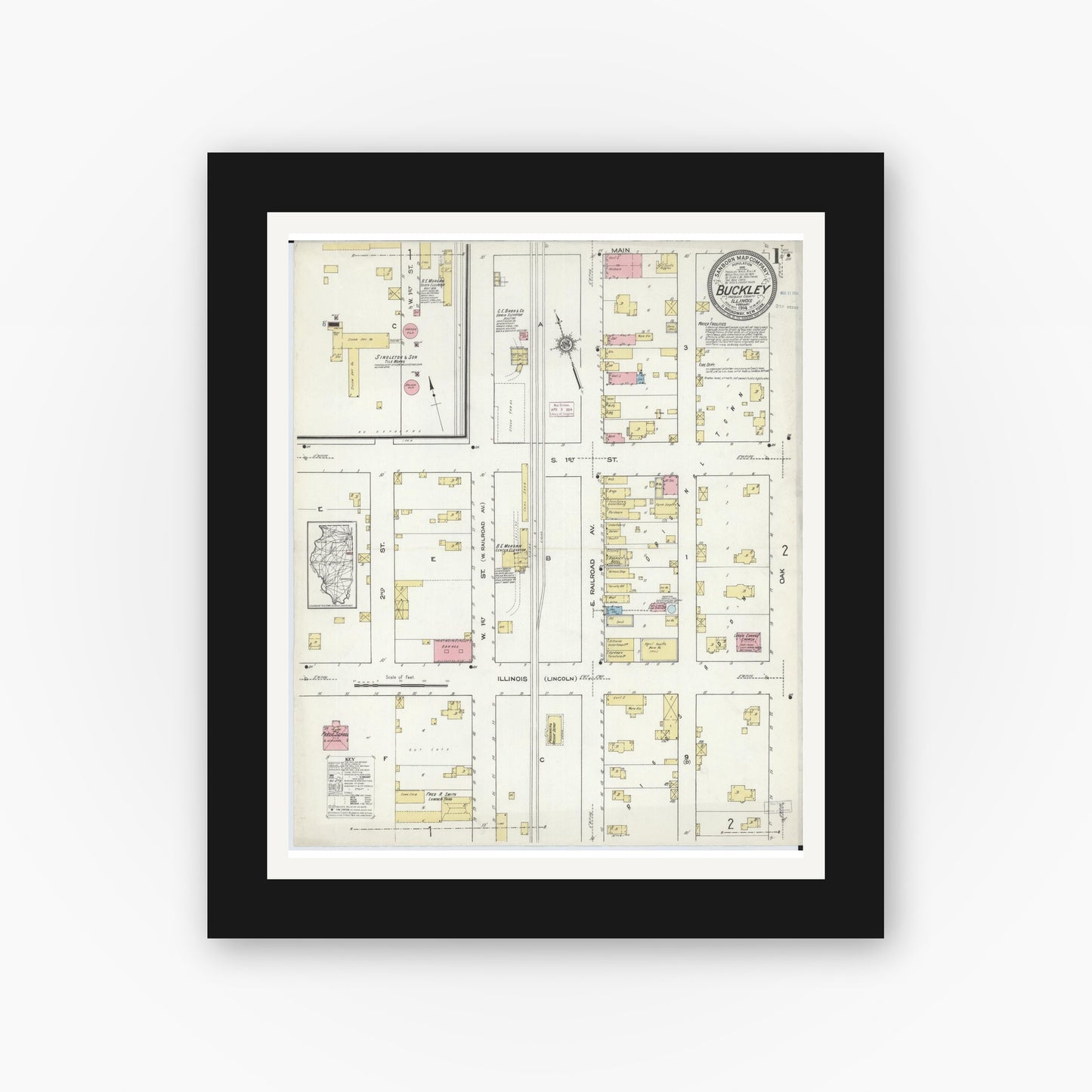 Old map wall art mockup — black gallery frame with white mat — Sanborn Fire Insurance Map from Buckley, Iroquois County, Illinois (1914), Sheet #0001