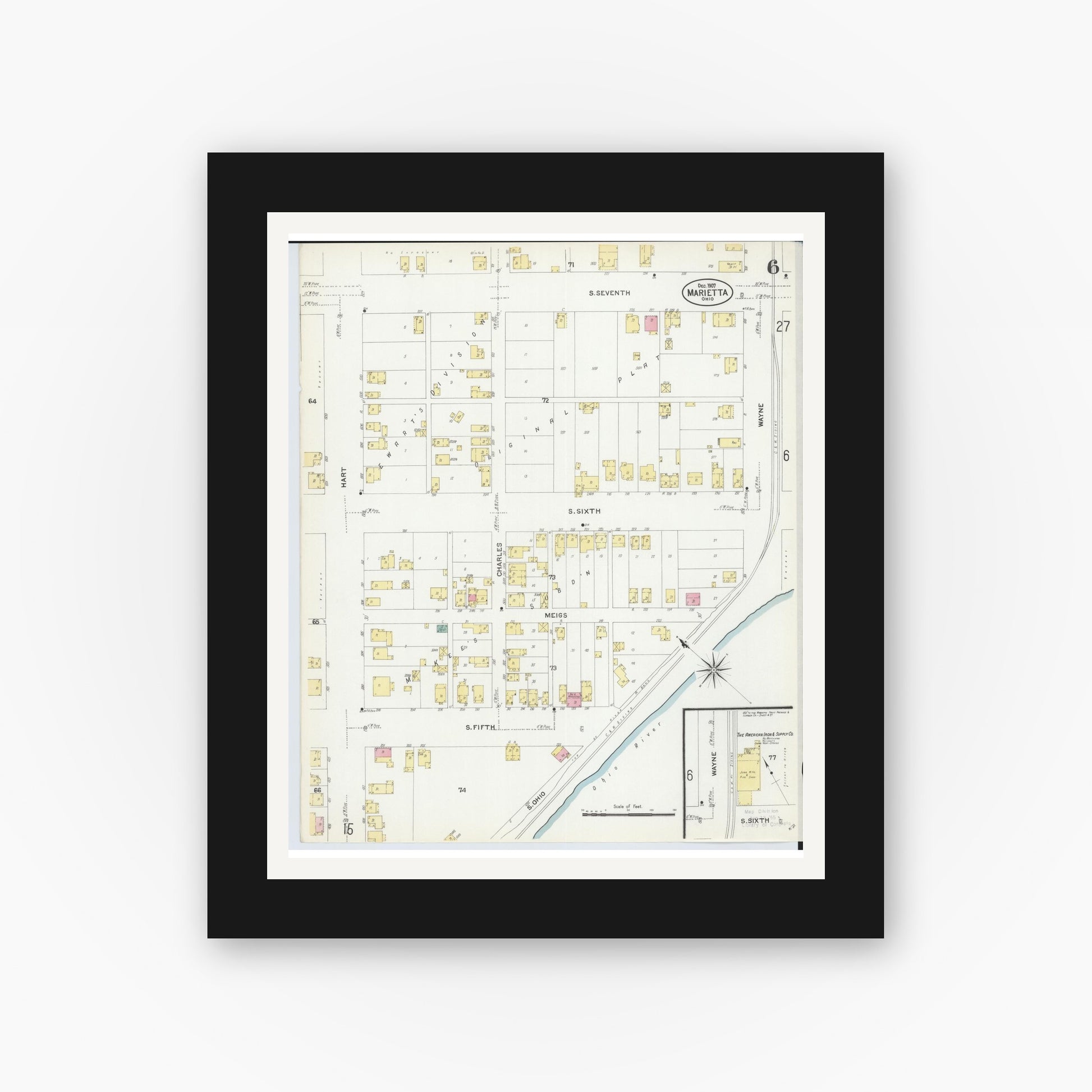 Old map wall art mockup — black gallery frame with white mat — Sanborn Fire Insurance Map from Marietta, Washington County, Ohio (1907), Sheet #0006