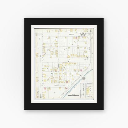 Old map wall art mockup — black gallery frame with white mat — Sanborn Fire Insurance Map from Marietta, Washington County, Ohio (1907), Sheet #0006