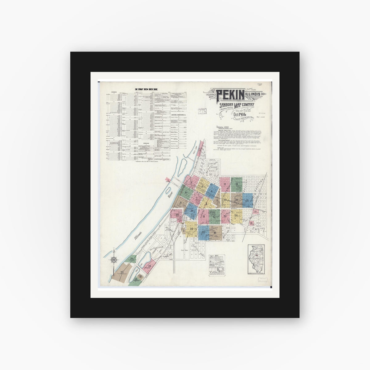 Old map wall art mockup — black gallery frame with white mat — Sanborn Fire Insurance Map from Pekin, Tazewell County, Illinois (1916) - Complete Map Set