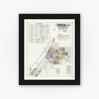 Old map wall art mockup — black gallery frame with white mat — Sanborn Fire Insurance Map from Pekin, Tazewell County, Illinois (1916) - Complete Map Set