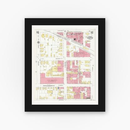 Old map wall art mockup — black gallery frame with white mat — Sanborn Fire Insurance Map from Kinston, Lenoir County, North Carolina (1925), Sheet #0012
