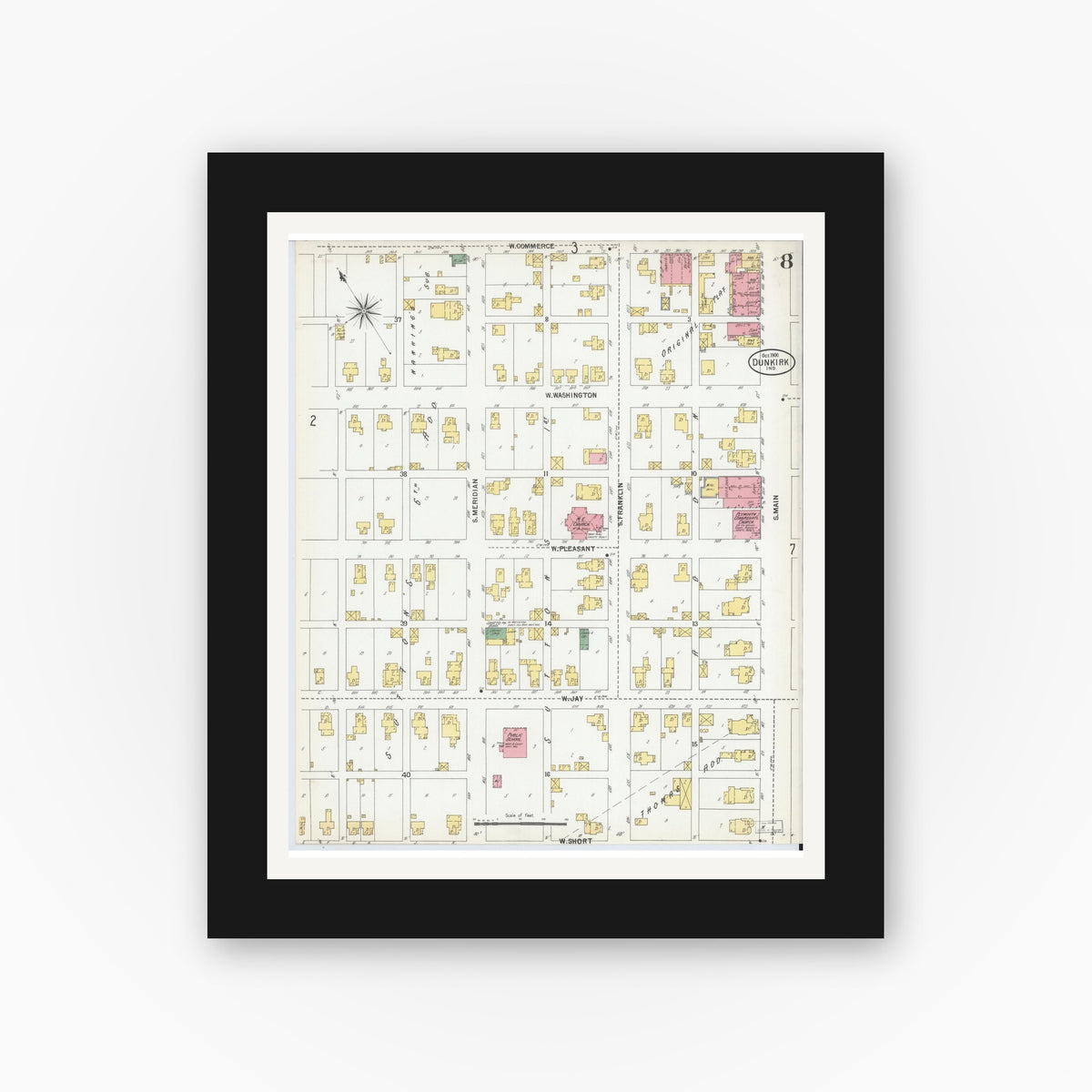 Old map wall art mockup — black gallery frame with white mat — Sanborn Fire Insurance Map from Dunkirk, Jay And Blackford Counties, Indiana (1900), Sheet #0008