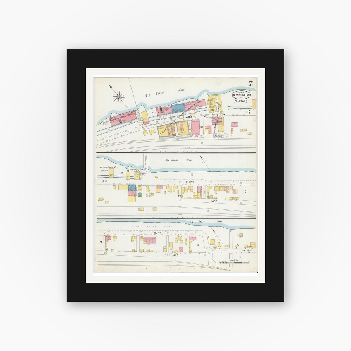 Old map wall art mockup — black gallery frame with white mat — Sanborn Fire Insurance Map from New Brighton, Beaver County, Pennsylvania (1901), Sheet #0007