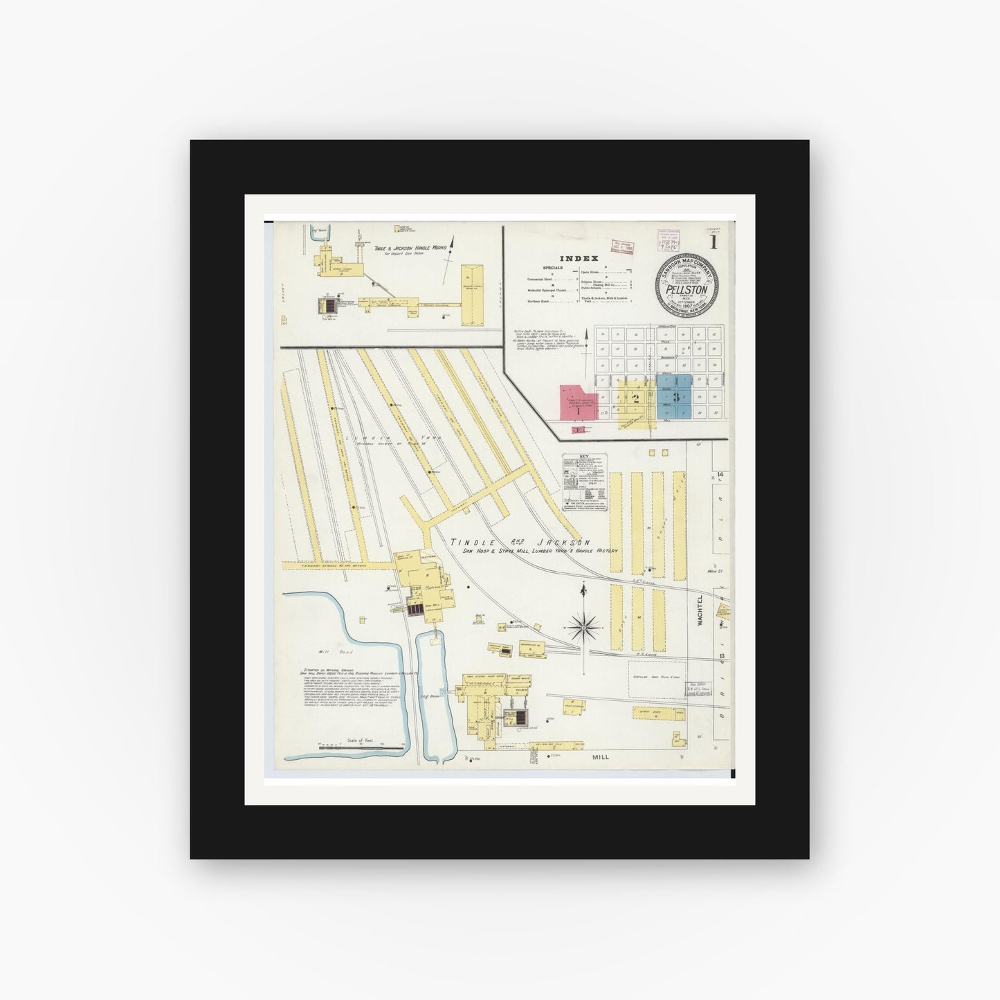 Old map wall art mockup — black gallery frame with white mat — Sanborn Fire Insurance Map from Pellston, Emmet County, Michigan (1907) - Complete Map Set