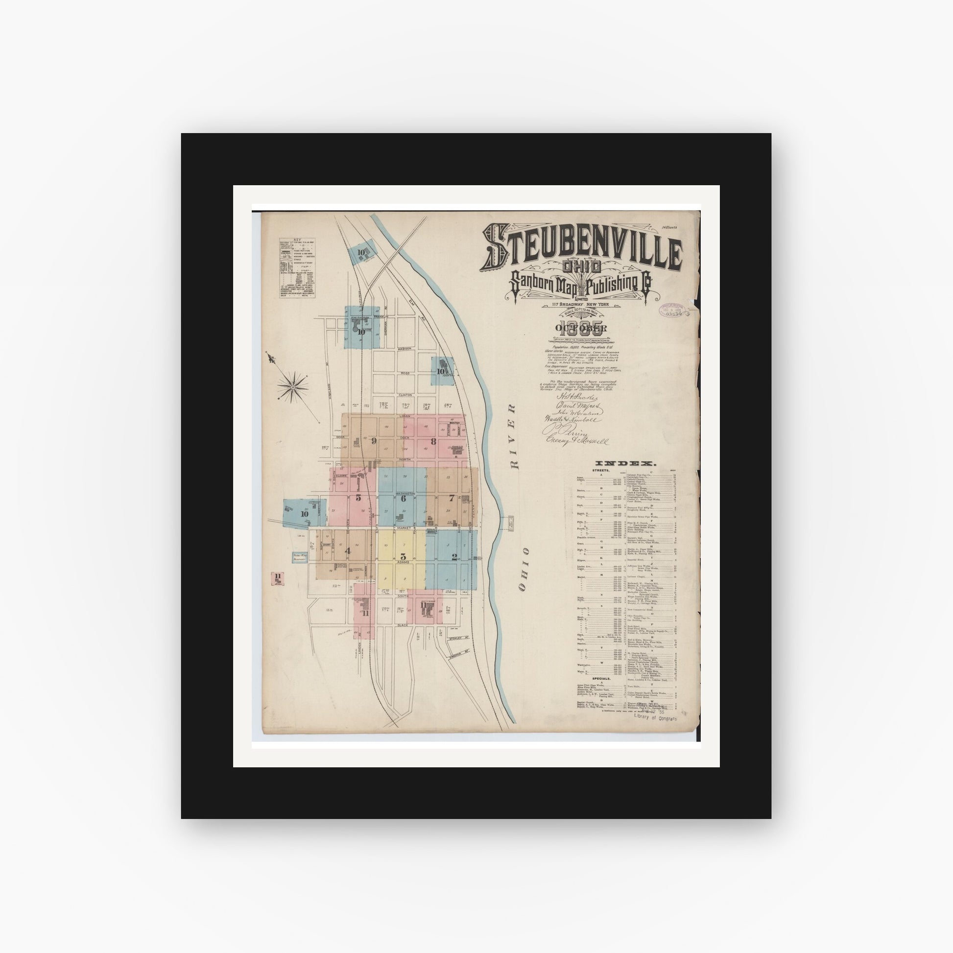 Old map wall art mockup — black gallery frame with white mat — Sanborn Fire Insurance Map from Steubenville, Jefferson County, Ohio (1885) - Complete Map Set