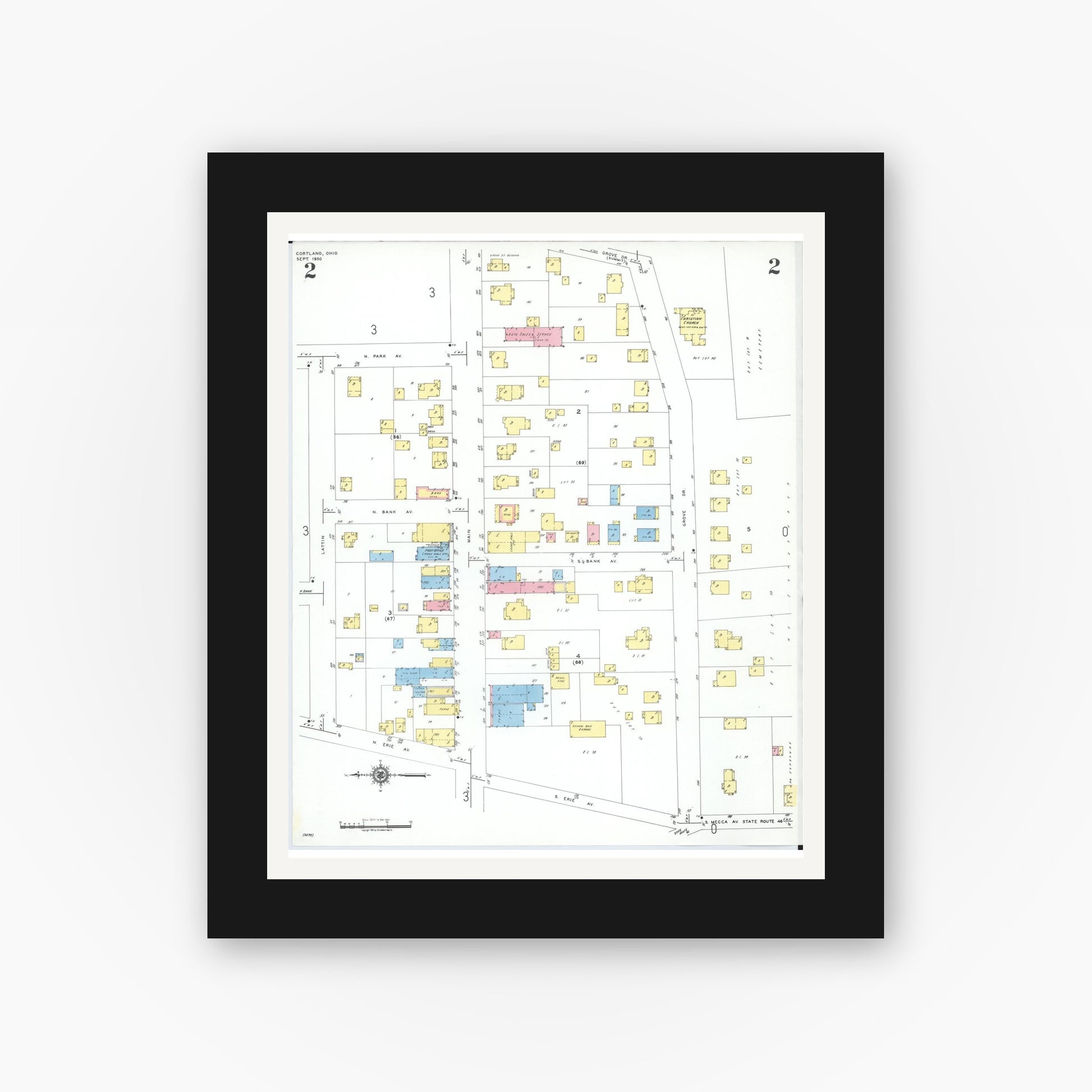 Old map wall art mockup — black gallery frame with white mat — Sanborn Fire Insurance Map from Cortland, Trumbull County, Ohio (1950), Sheet #0002