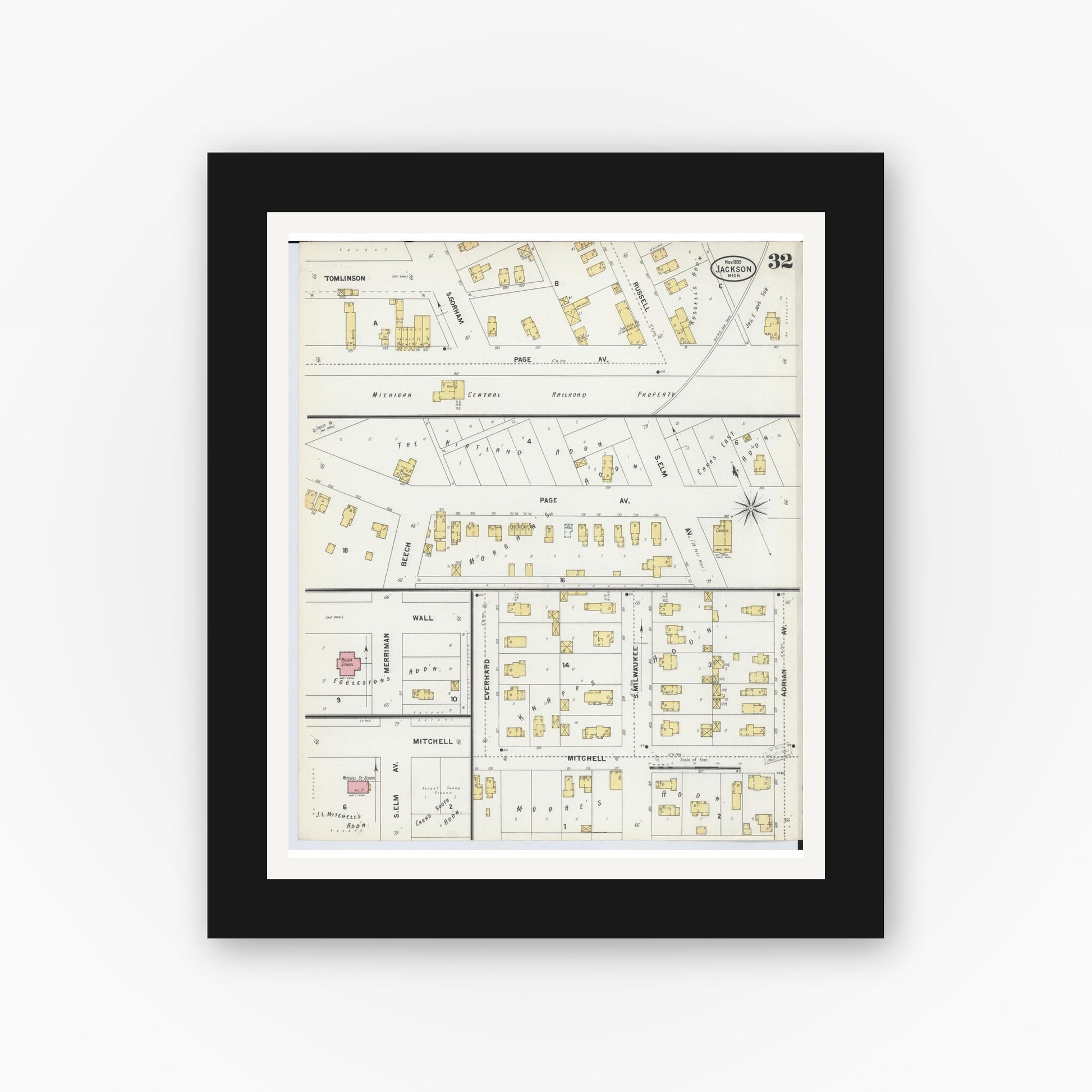 Old map wall art mockup — black gallery frame with white mat — Sanborn Fire Insurance Map from Jackson, Jackson County, Michigan (1899), Sheet #0032