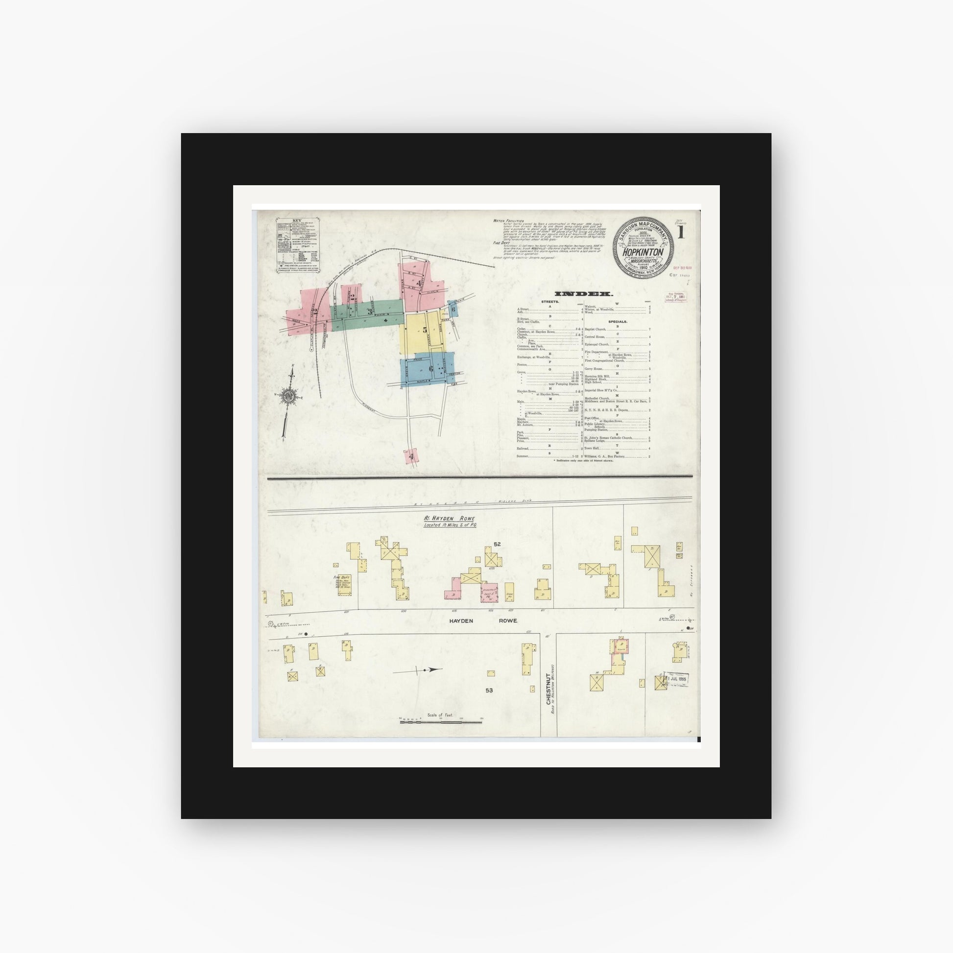 Old map wall art mockup — black gallery frame with white mat — Sanborn Fire Insurance Map from Hopkinton, Middlesex County, Massachusetts (1910) - Complete Map Set