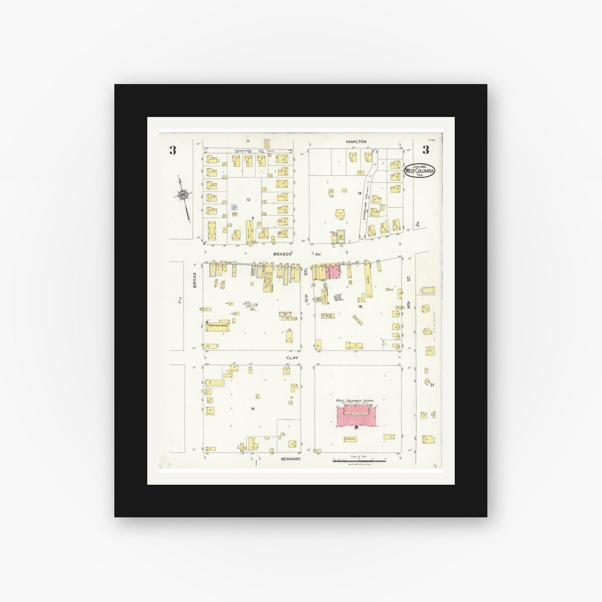 Old map wall art mockup — black gallery frame with white mat — Sanborn Fire Insurance Map from West Columbia, Brazoria County, Texas (1926), Sheet #0003