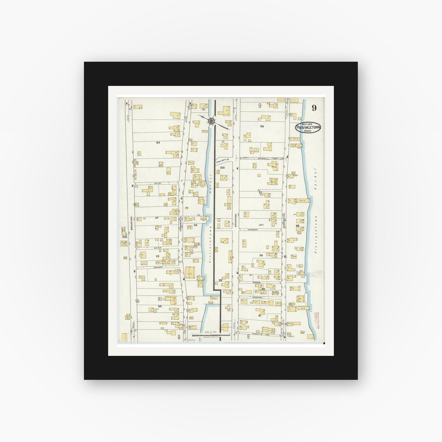 Old map wall art mockup — black gallery frame with white mat — Sanborn Fire Insurance Map from Provincetown, Barnstable County, Massachusetts (1919), Sheet #0009