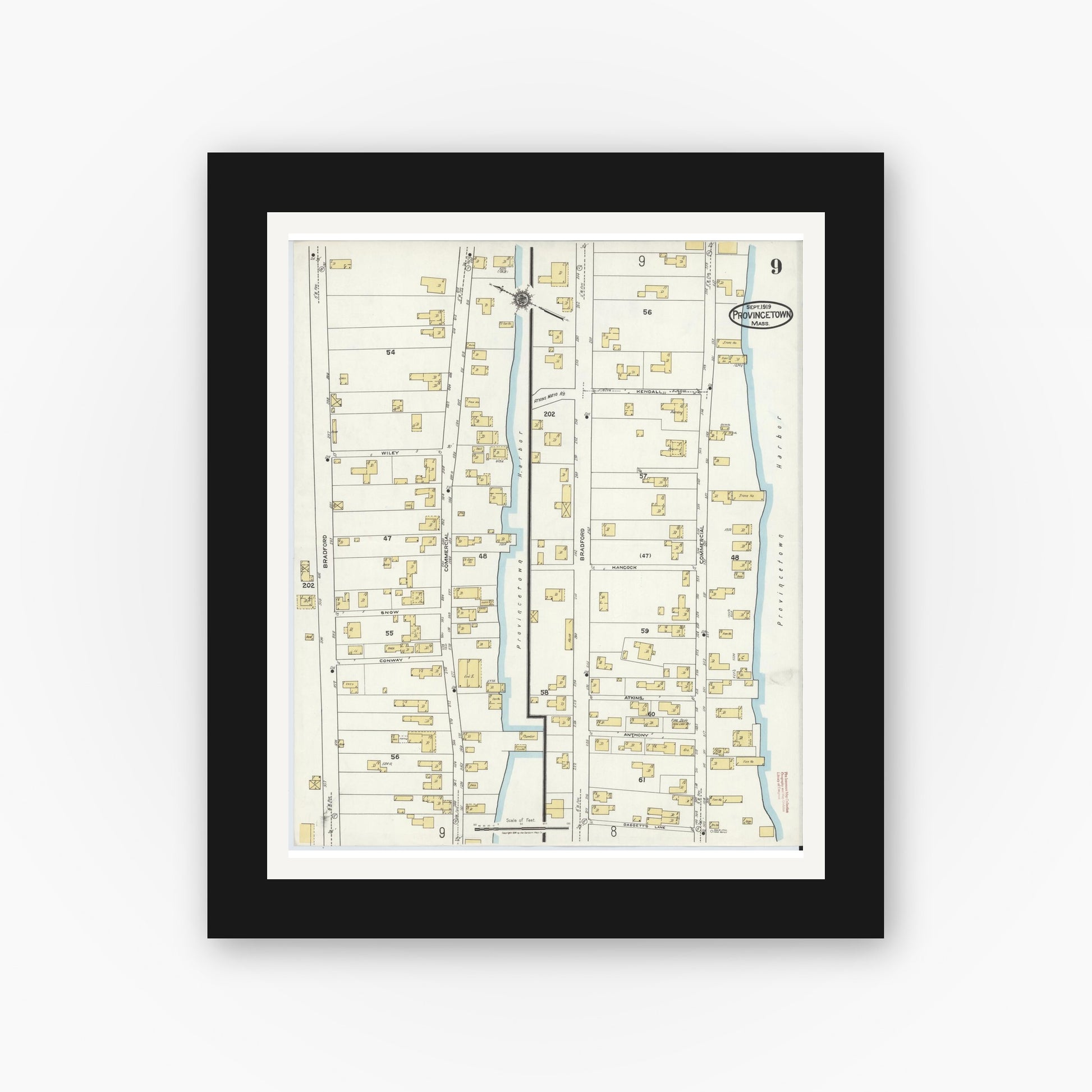 Old map wall art mockup — black gallery frame with white mat — Sanborn Fire Insurance Map from Provincetown, Barnstable County, Massachusetts (1919), Sheet #0009