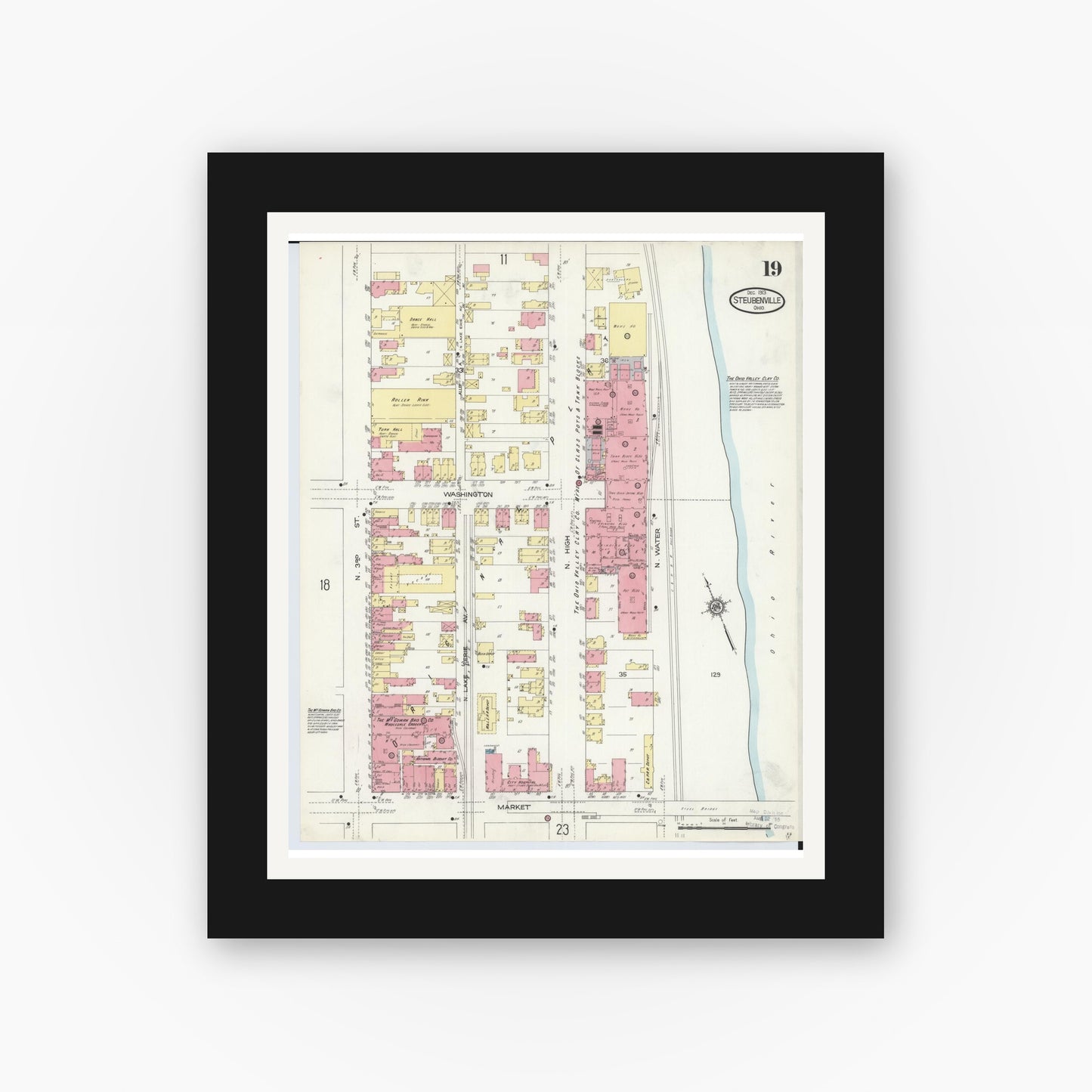 Old map wall art mockup — black gallery frame with white mat — Sanborn Fire Insurance Map from Steubenville, Jefferson County, Ohio (1913), Sheet #0019