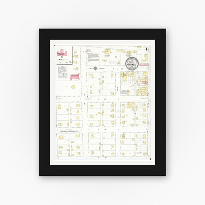 Old map wall art mockup — black gallery frame with white mat — Sanborn Fire Insurance Map from Rockwell, Cerro Gordo County, Iowa (1911), Sheet #0001