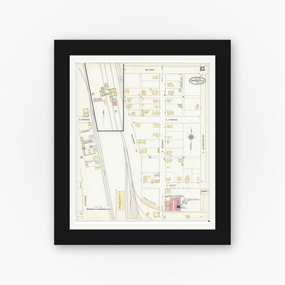 Old map wall art mockup — black gallery frame with white mat — Sanborn Fire Insurance Map from Gainesville, Cooke County, Texas (1913), Sheet #0015