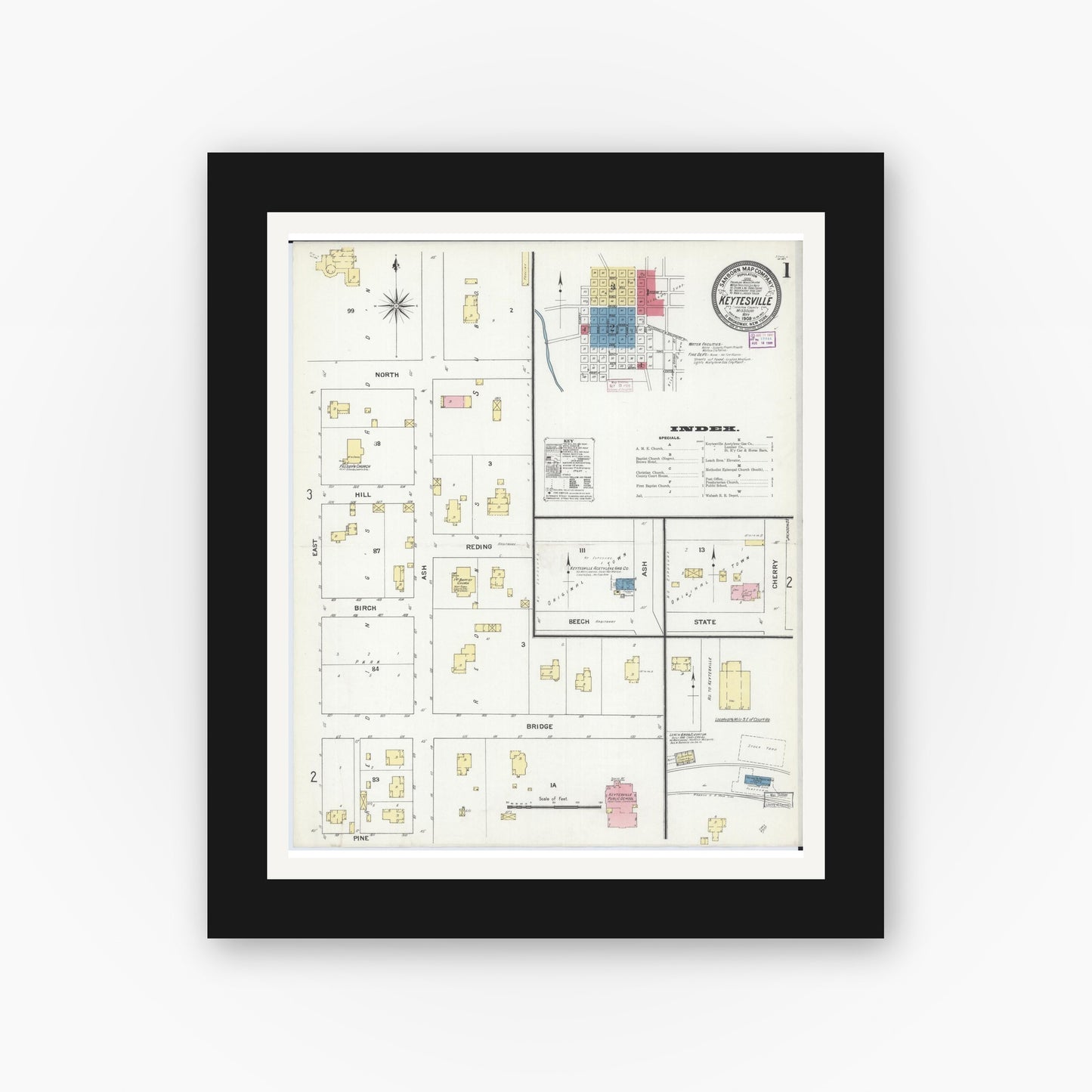 Old map wall art mockup — black gallery frame with white mat — Sanborn Fire Insurance Map from Keytesville, Chariton County, Missouri (1909) - Complete Map Set