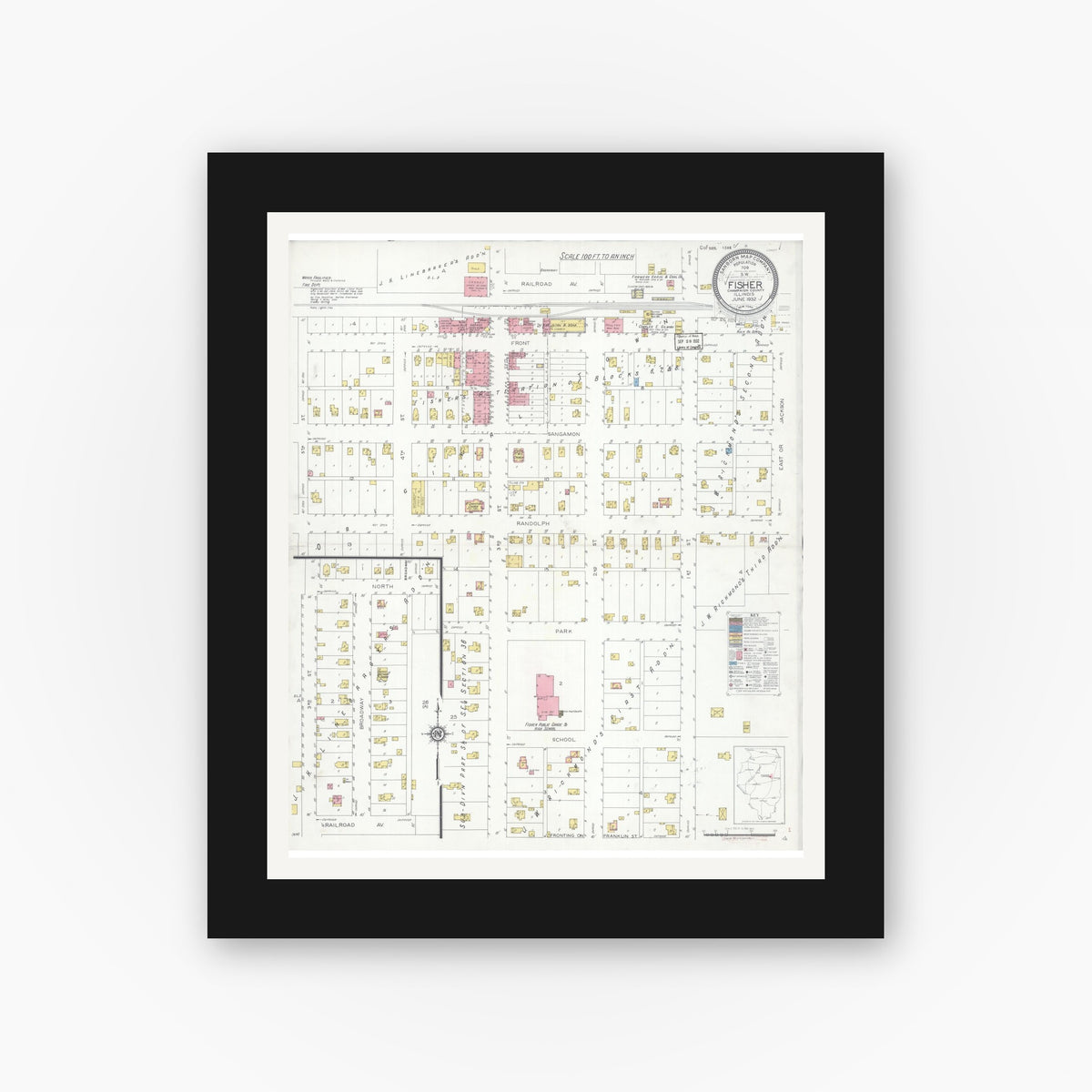 Old map wall art mockup — black gallery frame with white mat — Sanborn Fire Insurance Map from Fisher, Champaign County, Illinois (1932), Sheet #0001