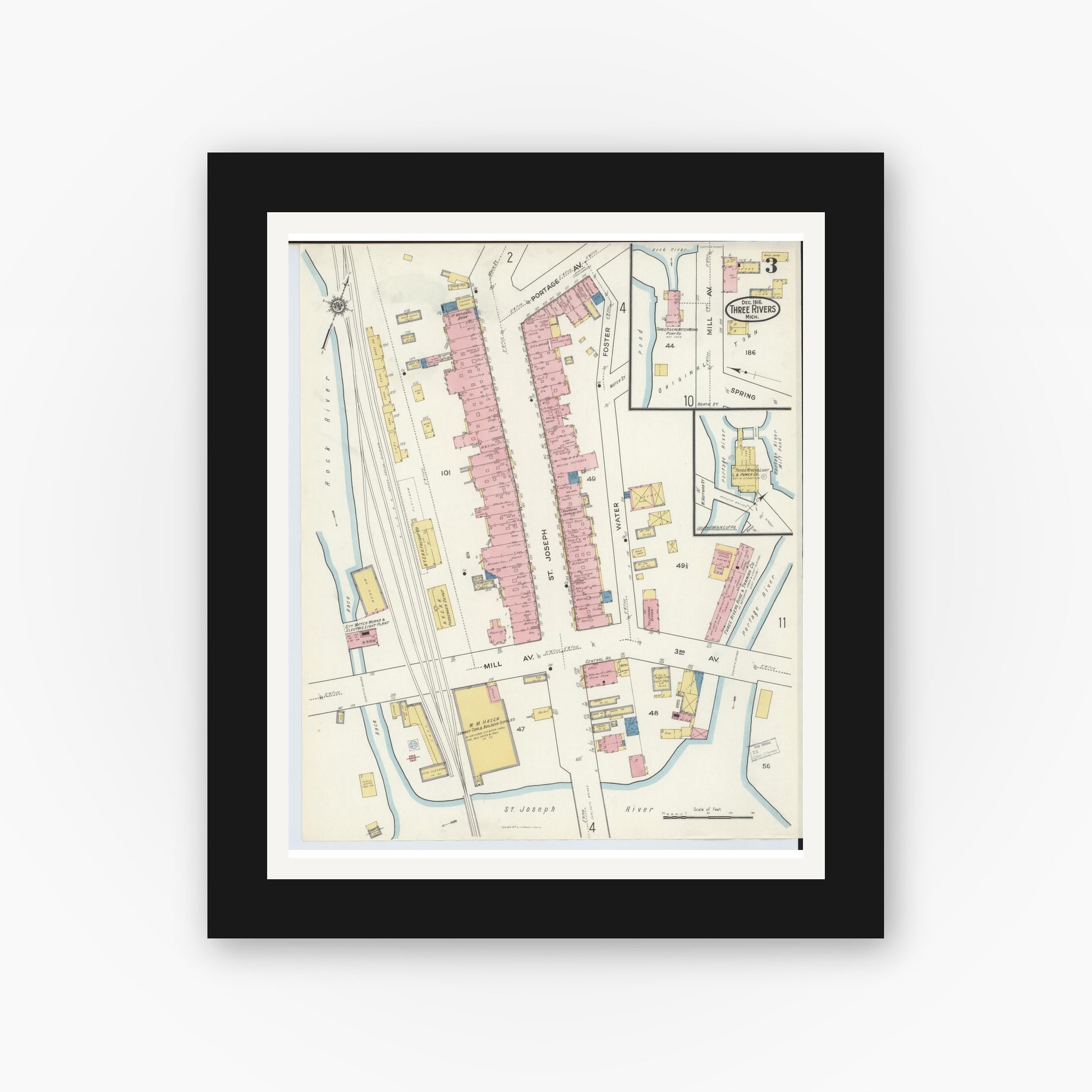 Old map wall art mockup — black gallery frame with white mat — Sanborn Fire Insurance Map from Three Rivers, Saint Joseph County, Michigan (1916), Sheet #0003