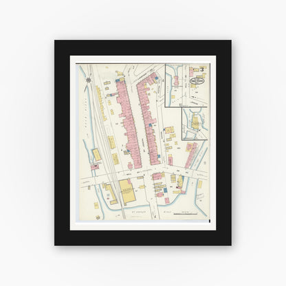 Old map wall art mockup — black gallery frame with white mat — Sanborn Fire Insurance Map from Three Rivers, Saint Joseph County, Michigan (1916), Sheet #0003