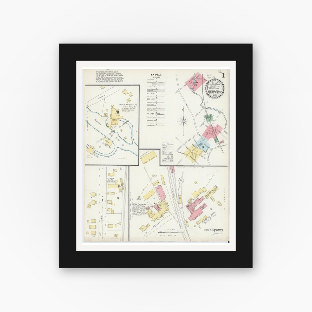 Old map wall art mockup — black gallery frame with white mat — Sanborn Fire Insurance Map from Bridgewater, Plymouth County, Massachusetts (1896), Sheet #0001