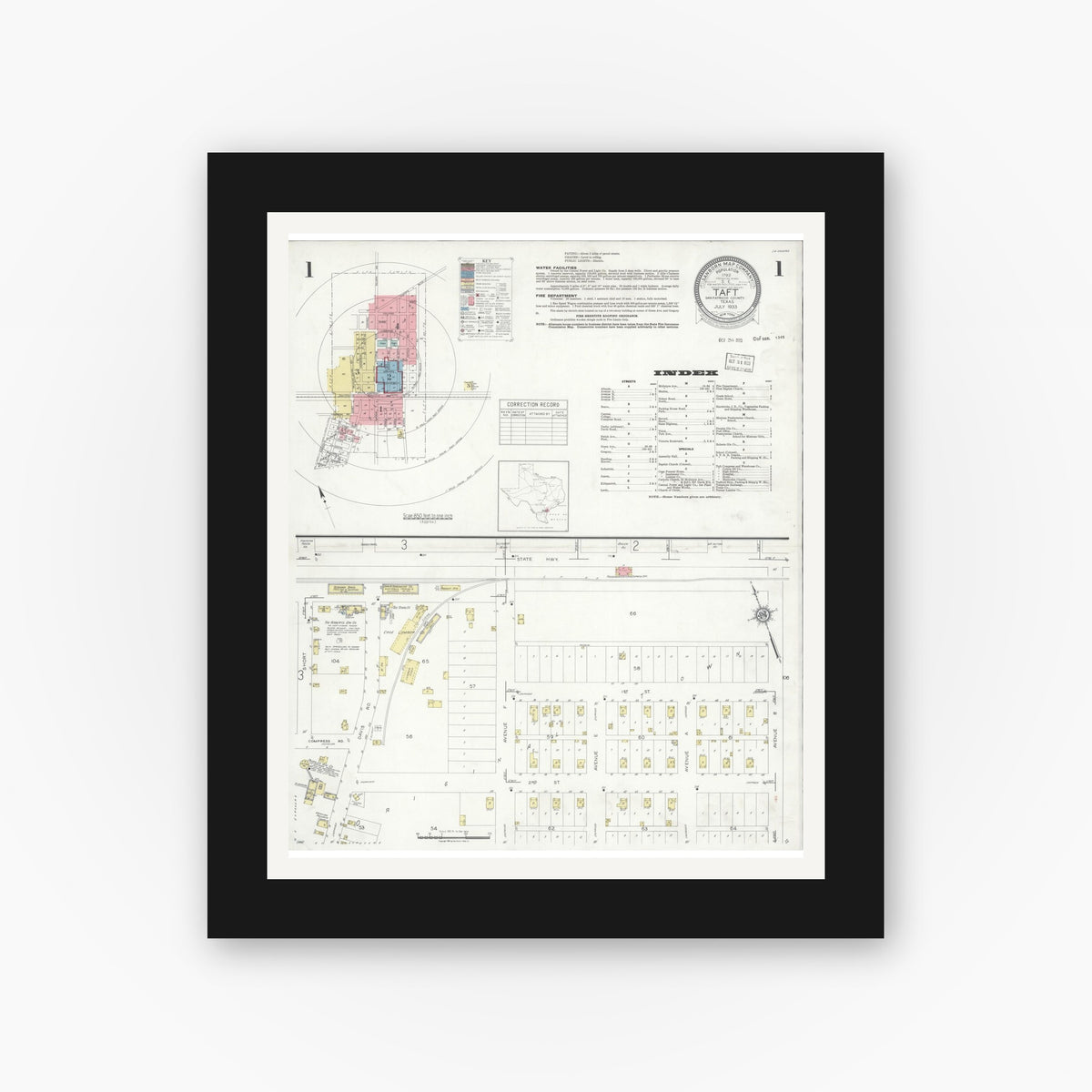Old map wall art mockup — black gallery frame with white mat — Sanborn Fire Insurance Map from Taft, San Patricio County, Texas (1933) - Complete Map Set