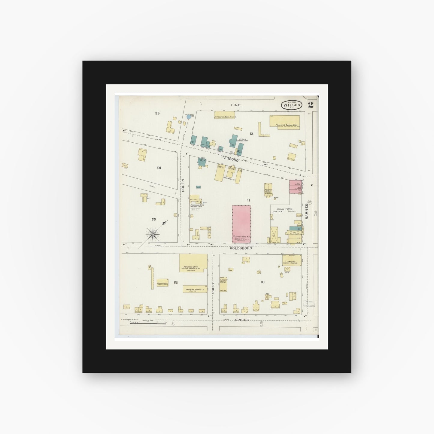 Old map wall art mockup — black gallery frame with white mat — Sanborn Fire Insurance Map from Wilson, Wilson County, North Carolina (1893), Sheet #0002