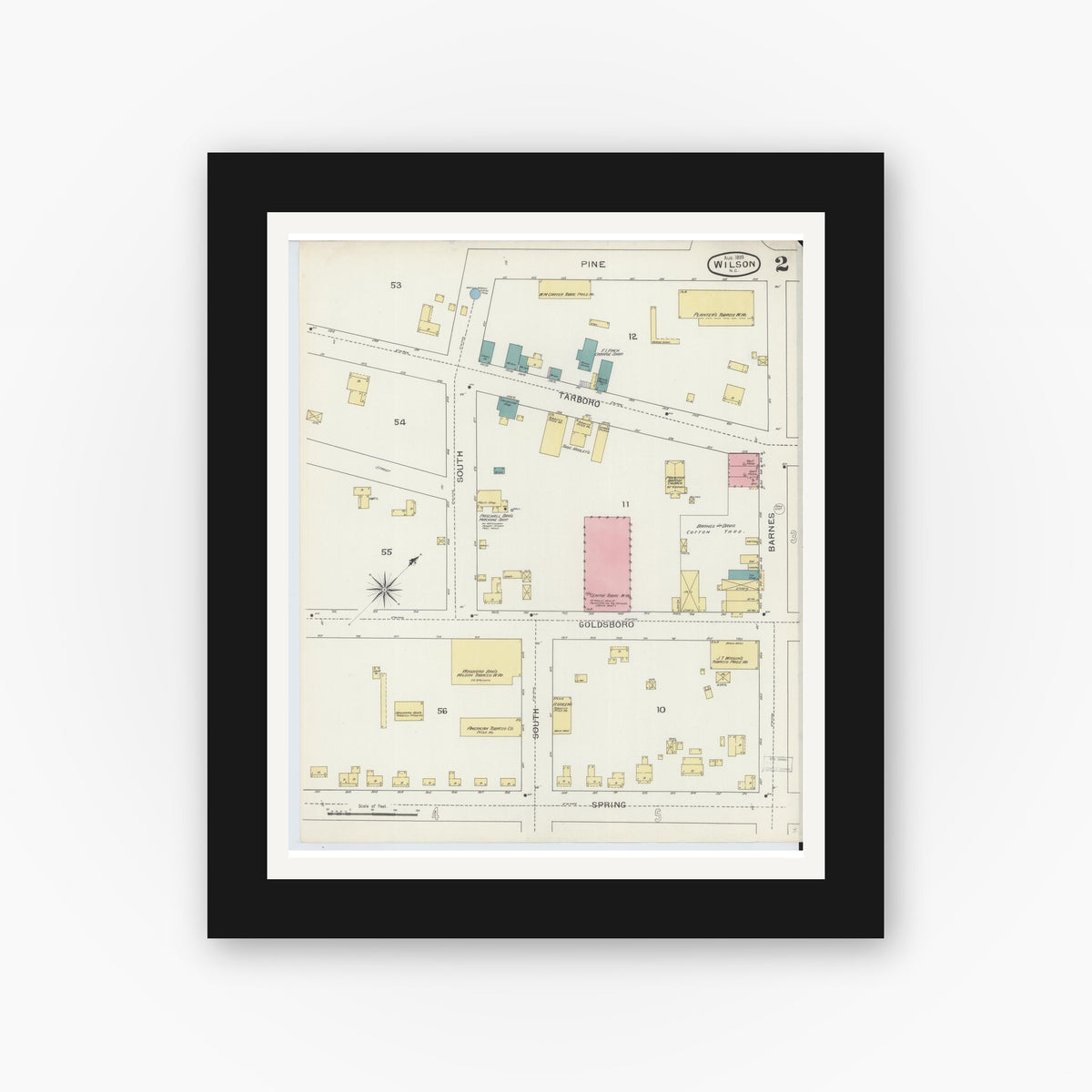 Old map wall art mockup — black gallery frame with white mat — Sanborn Fire Insurance Map from Wilson, Wilson County, North Carolina (1893), Sheet #0002