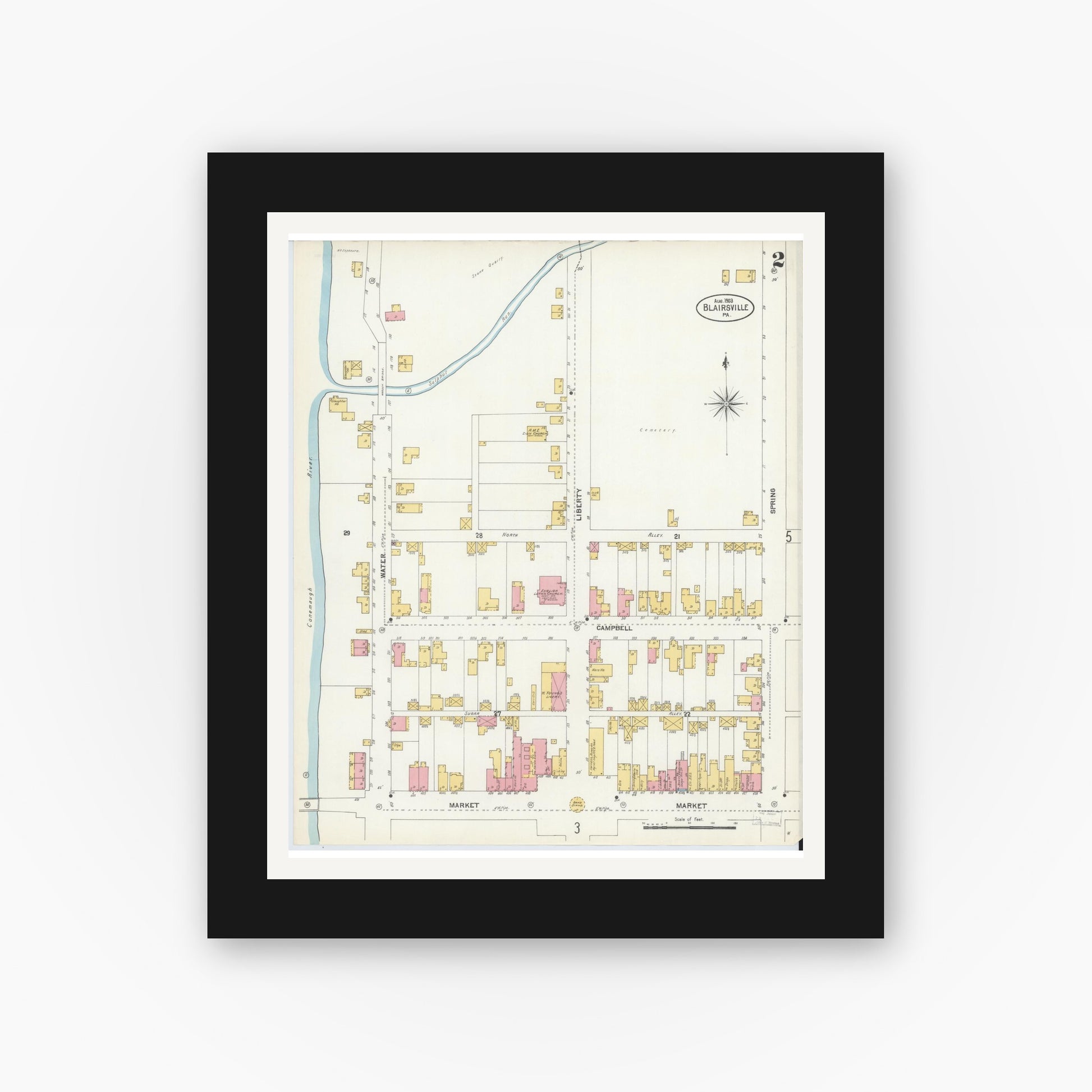Old map wall art mockup — black gallery frame with white mat — Sanborn Fire Insurance Map from Blairsville, Indiana County, Pennsylvania (1903), Sheet #0002