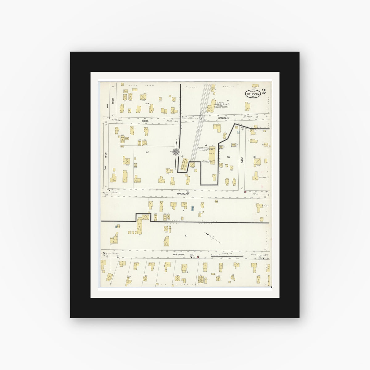 Old map wall art mockup — black gallery frame with white mat — Sanborn Fire Insurance Map from Delevan, Cattaraugus County, New York (1912), Sheet #0002