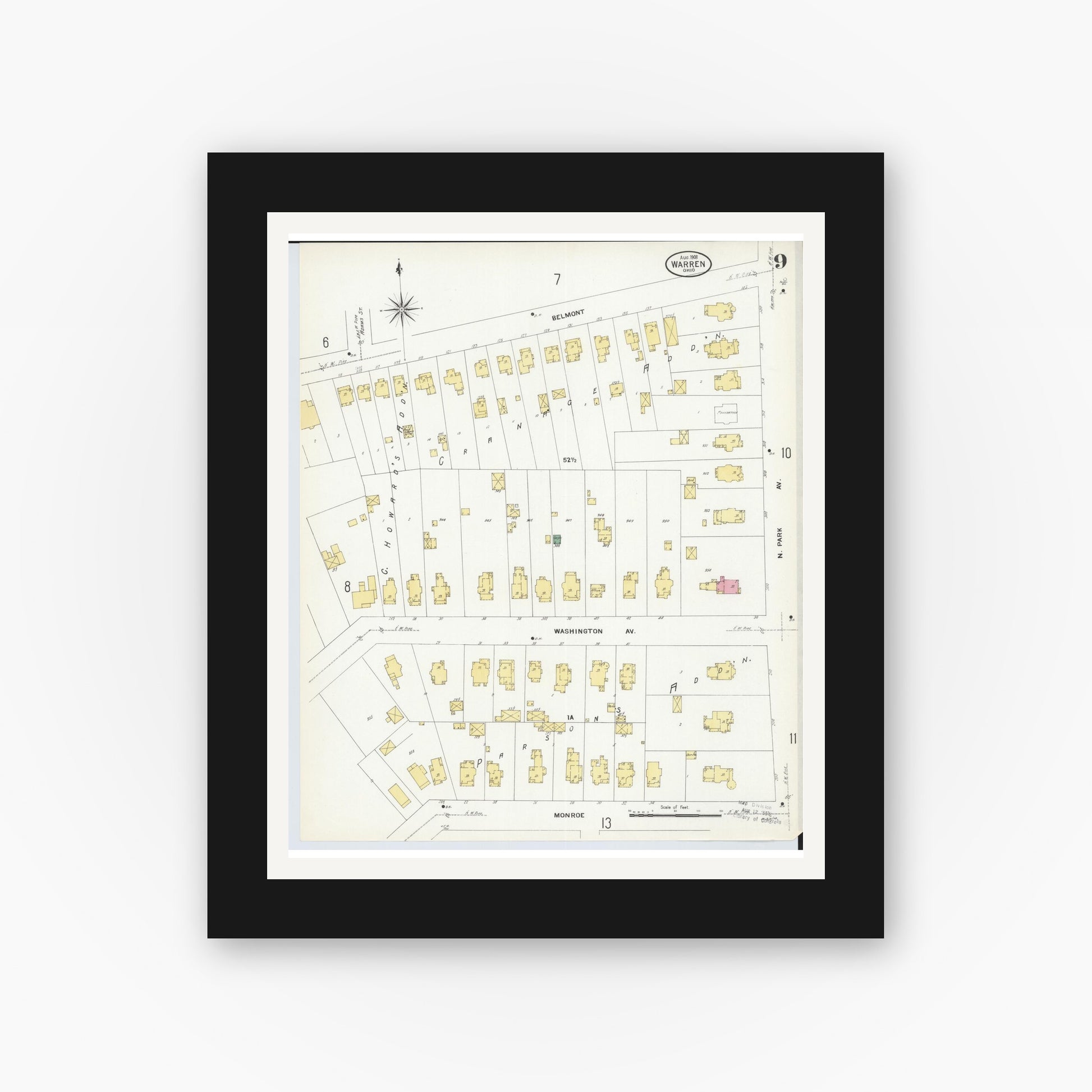 Old map wall art mockup — black gallery frame with white mat — Sanborn Fire Insurance Map from Warren, Trumbull County, Ohio (1908), Sheet #0009
