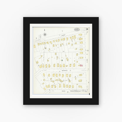 Old map wall art mockup — black gallery frame with white mat — Sanborn Fire Insurance Map from Warren, Trumbull County, Ohio (1908), Sheet #0009