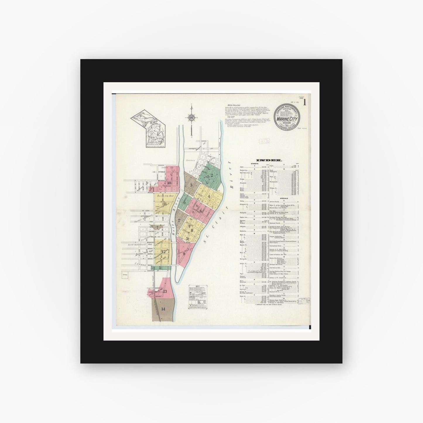 Old map wall art mockup — black gallery frame with white mat — Sanborn Fire Insurance Map from Marine City, Saint Clair County, Michigan (1913) - Complete Map Set