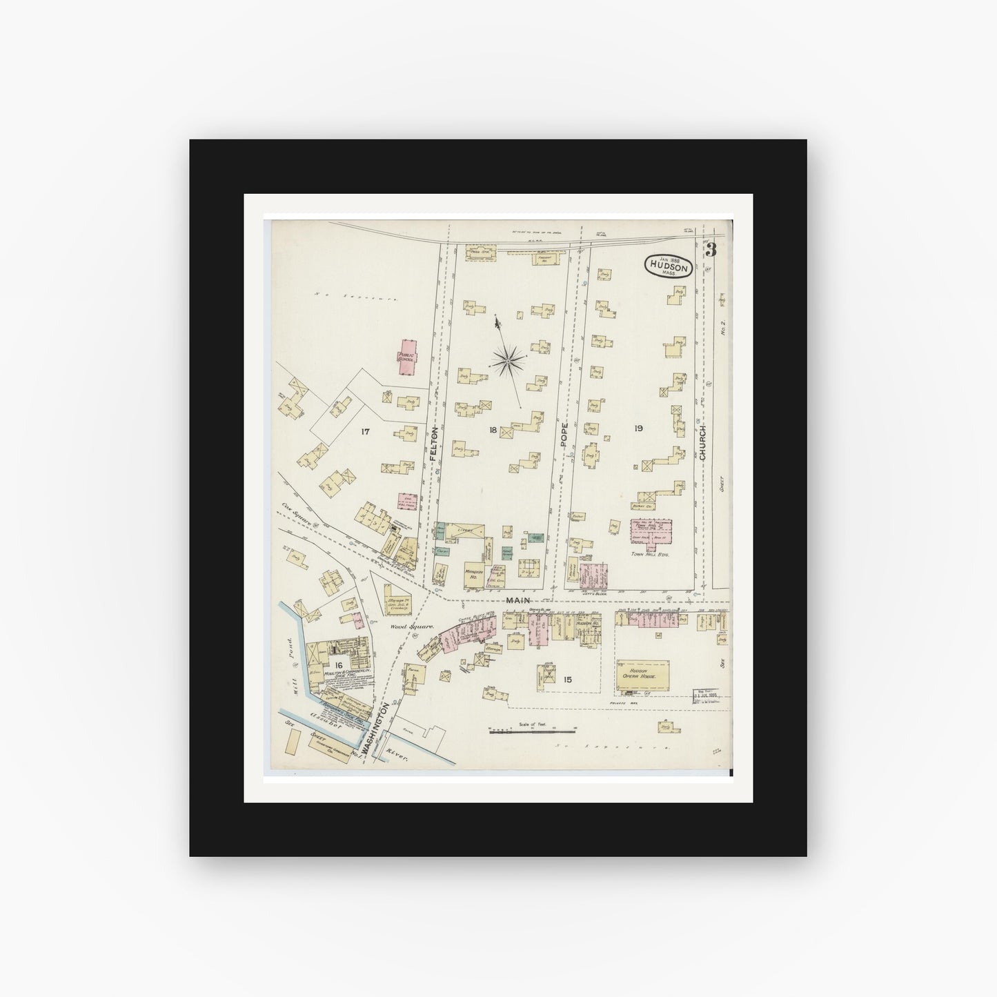 Old map wall art mockup — black gallery frame with white mat — Sanborn Fire Insurance Map from Hudson, Middlesex County, Massachusetts (1888), Sheet #0003